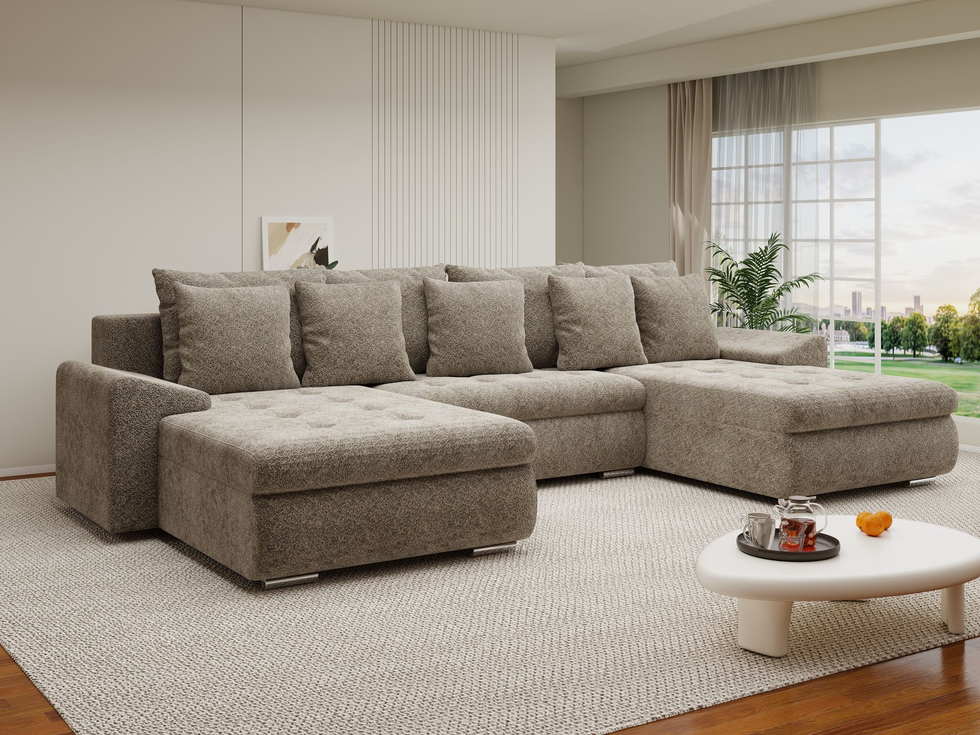 Colțar extensibil dumonde cu ladă de depozitare si sezut confortabil din spuma high-density, Leonardo U Arena Bej 04 360x185 cm