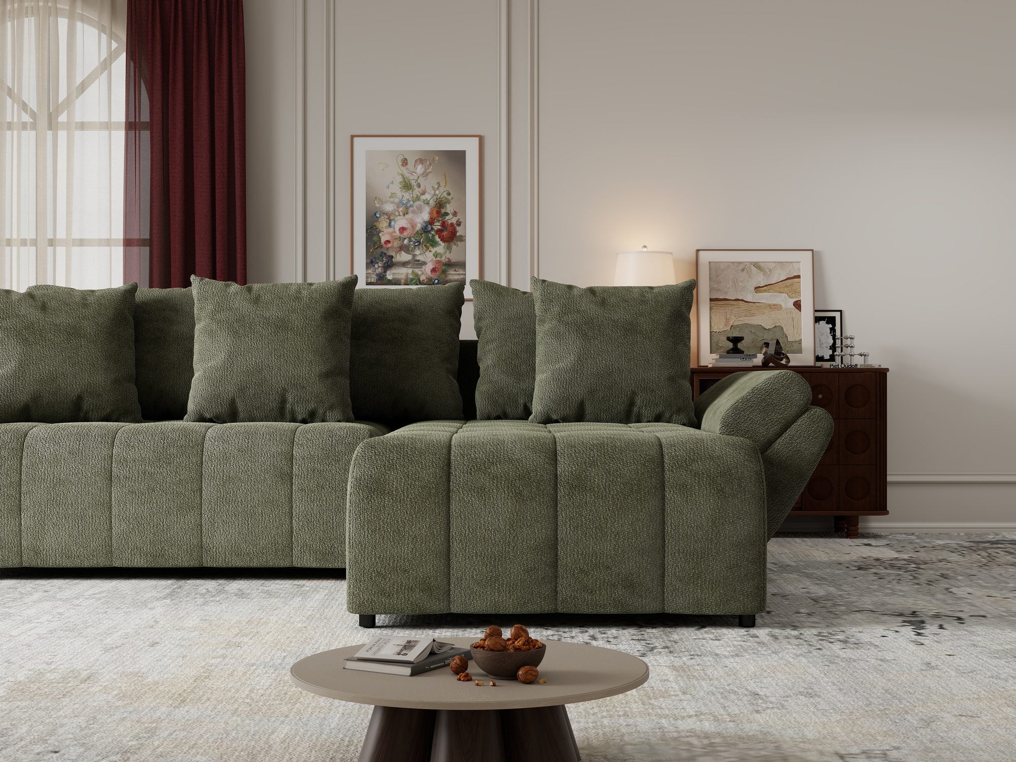 Colțar extensibil dumonde cu ladă de depozitare si sezut confortabil din spuma high-density, Berlin Vibe Olive 38 II 280x185 cm