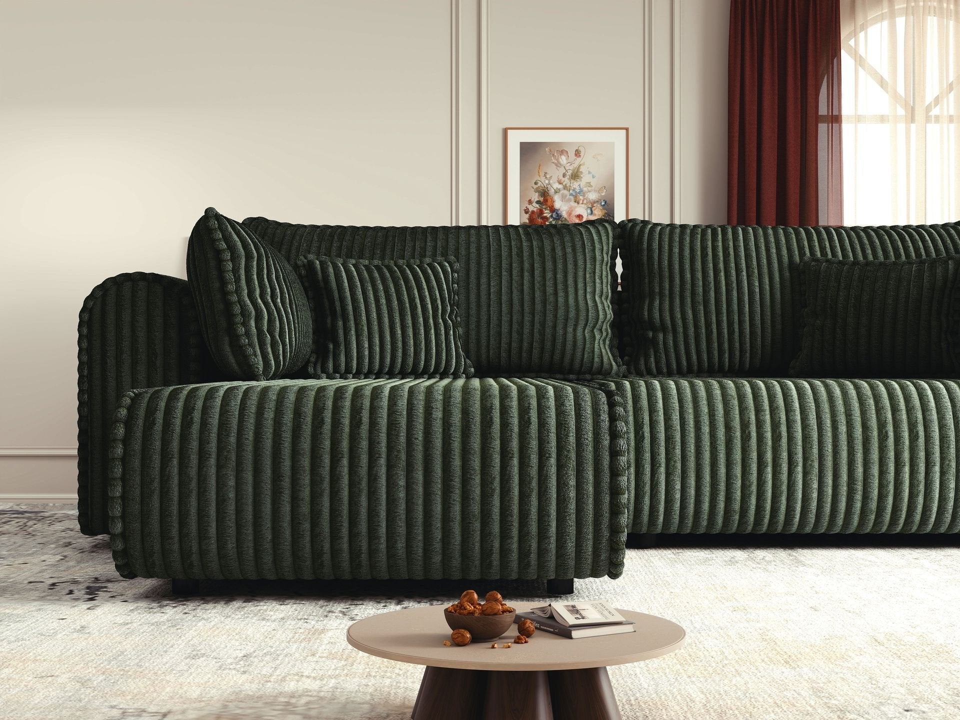 Colțar extensibil dumonde cu ladă de depozitare si sezut confortabil din spuma high-density, Monaco L Tilia Verde 270x100 cm