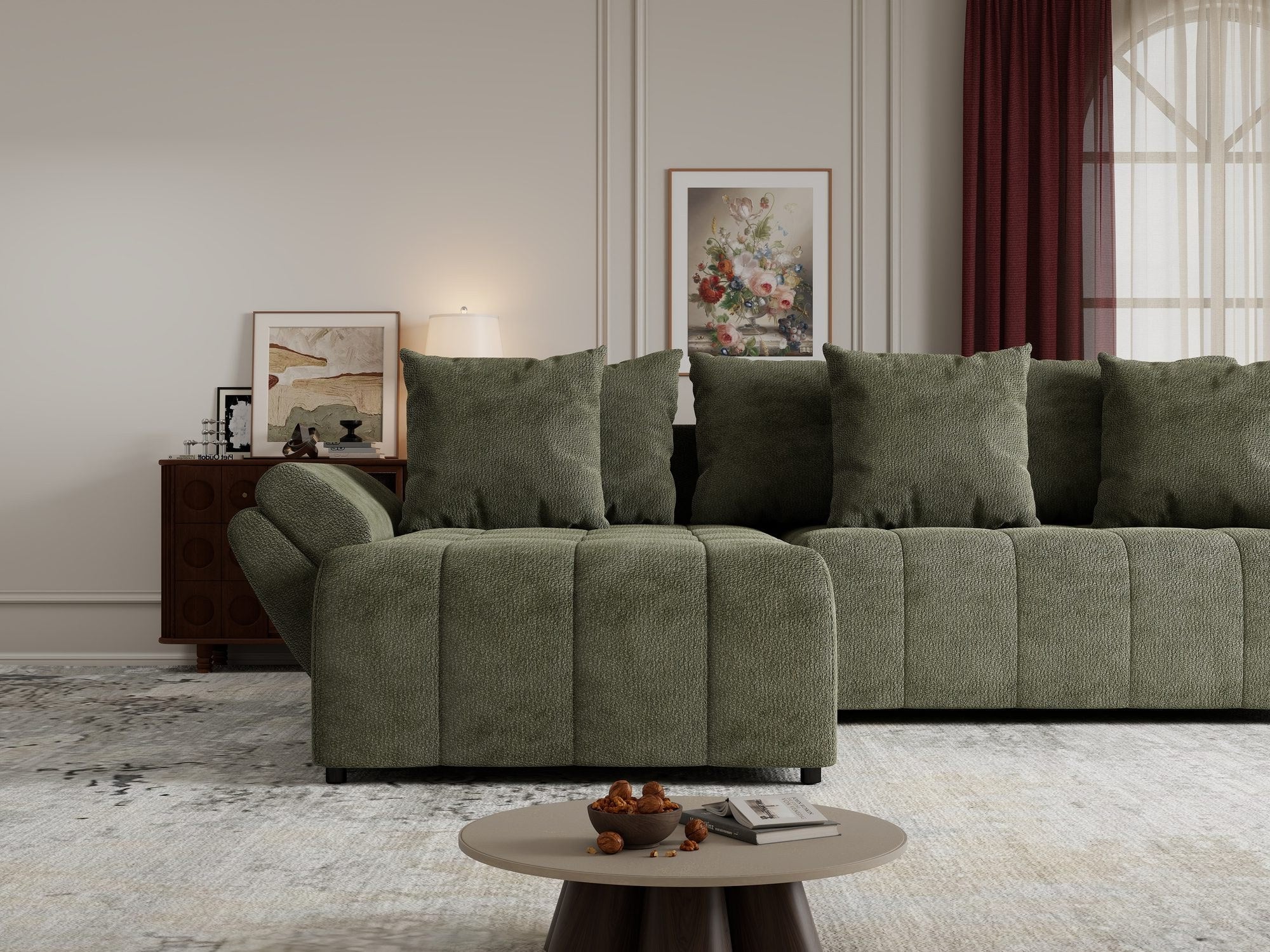 Colțar extensibil dumonde cu ladă de depozitare si sezut confortabil din spuma high-density, Berlin Vibe Olive 38 280x185 cm