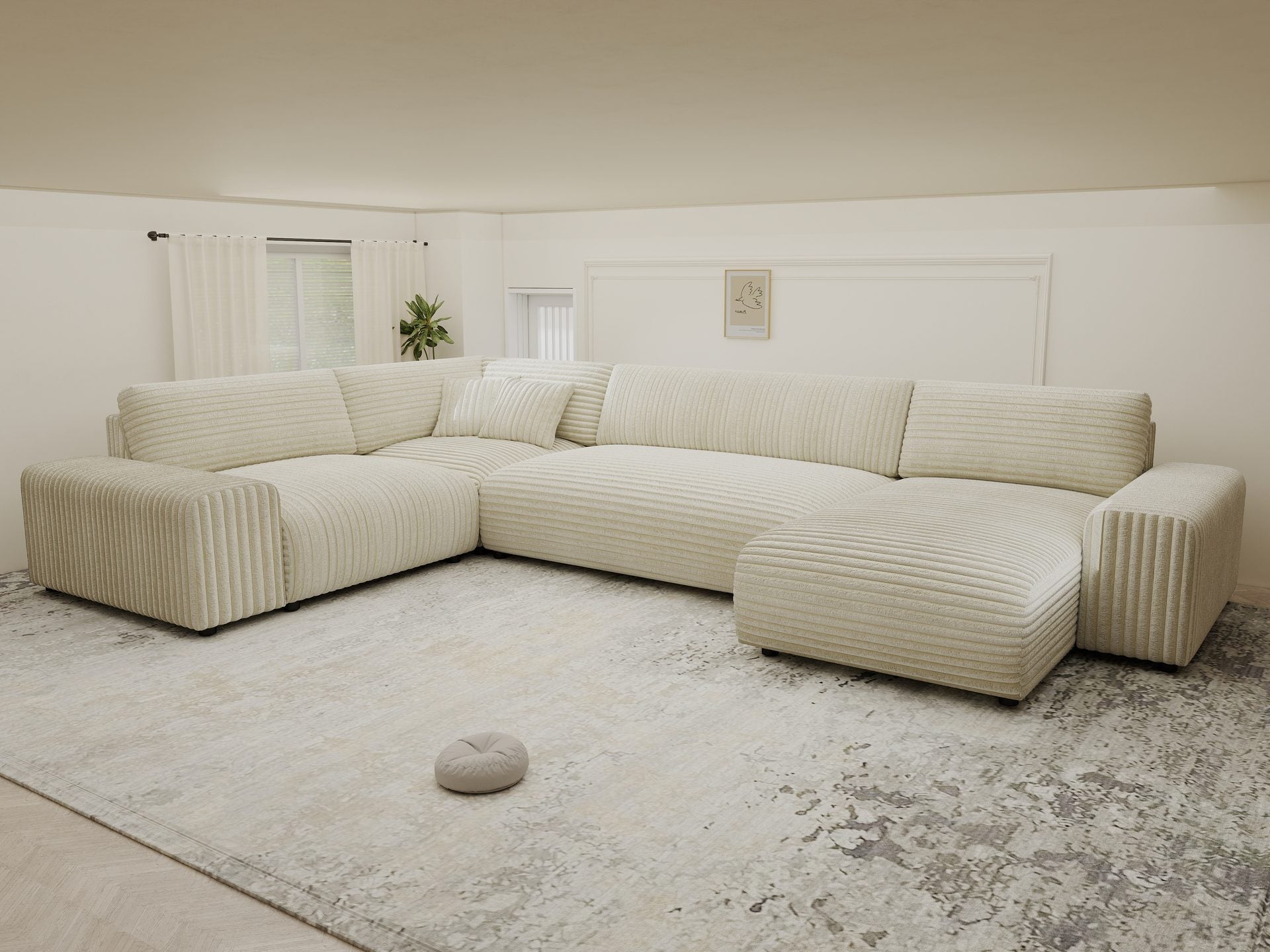 Dumonde kihúzható sarokkanapé tárolórekesszel és kényelmes, nagy sűrűségű habszivacs ülőfelülettel, Justin Tilia bej 374x224 cm