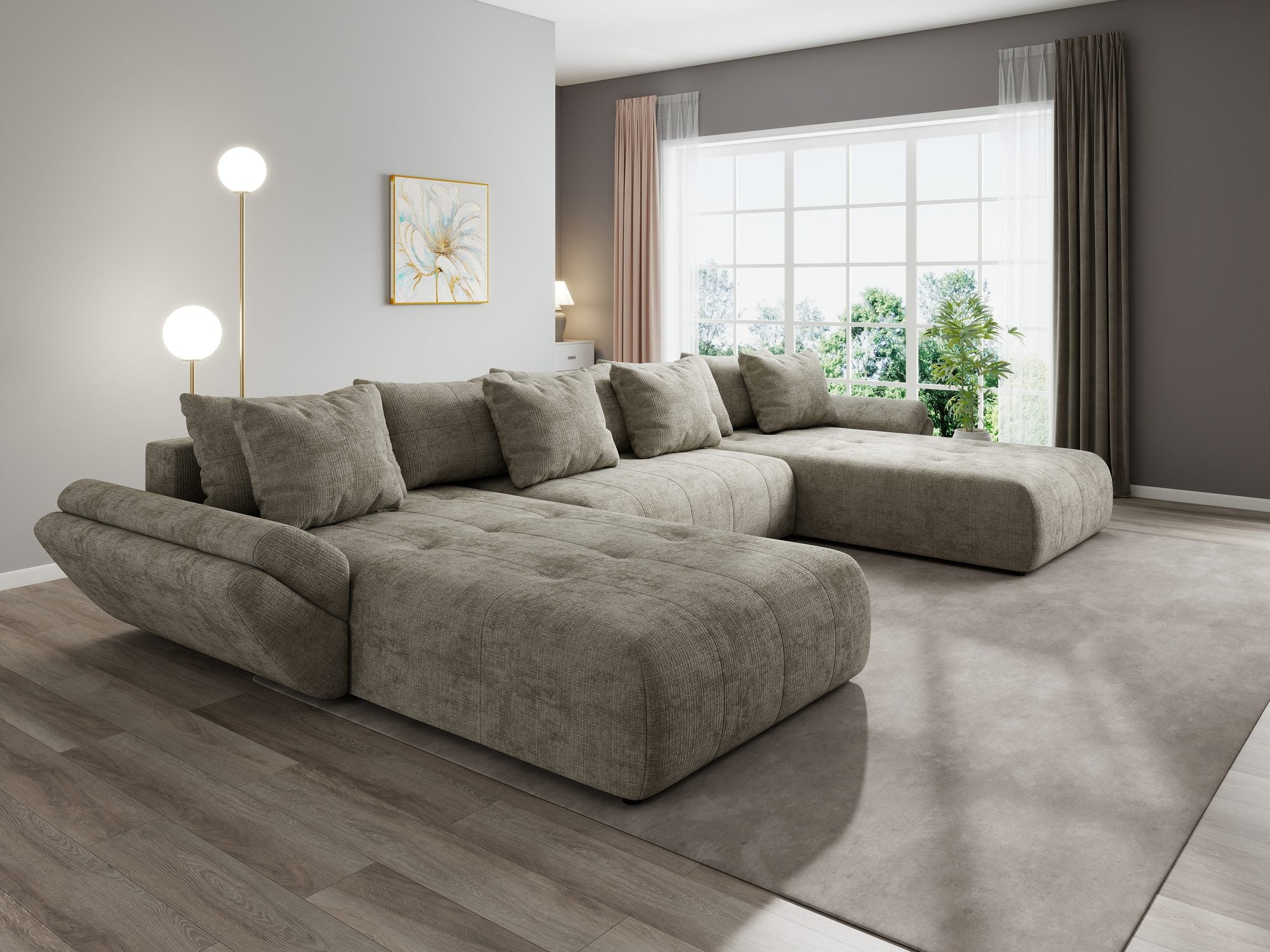 Colțar extensibil dumonde cu ladă de depozitare si sezut confortabil din spuma high-density, Berlin U Cremona Bej 14 380x180 cm