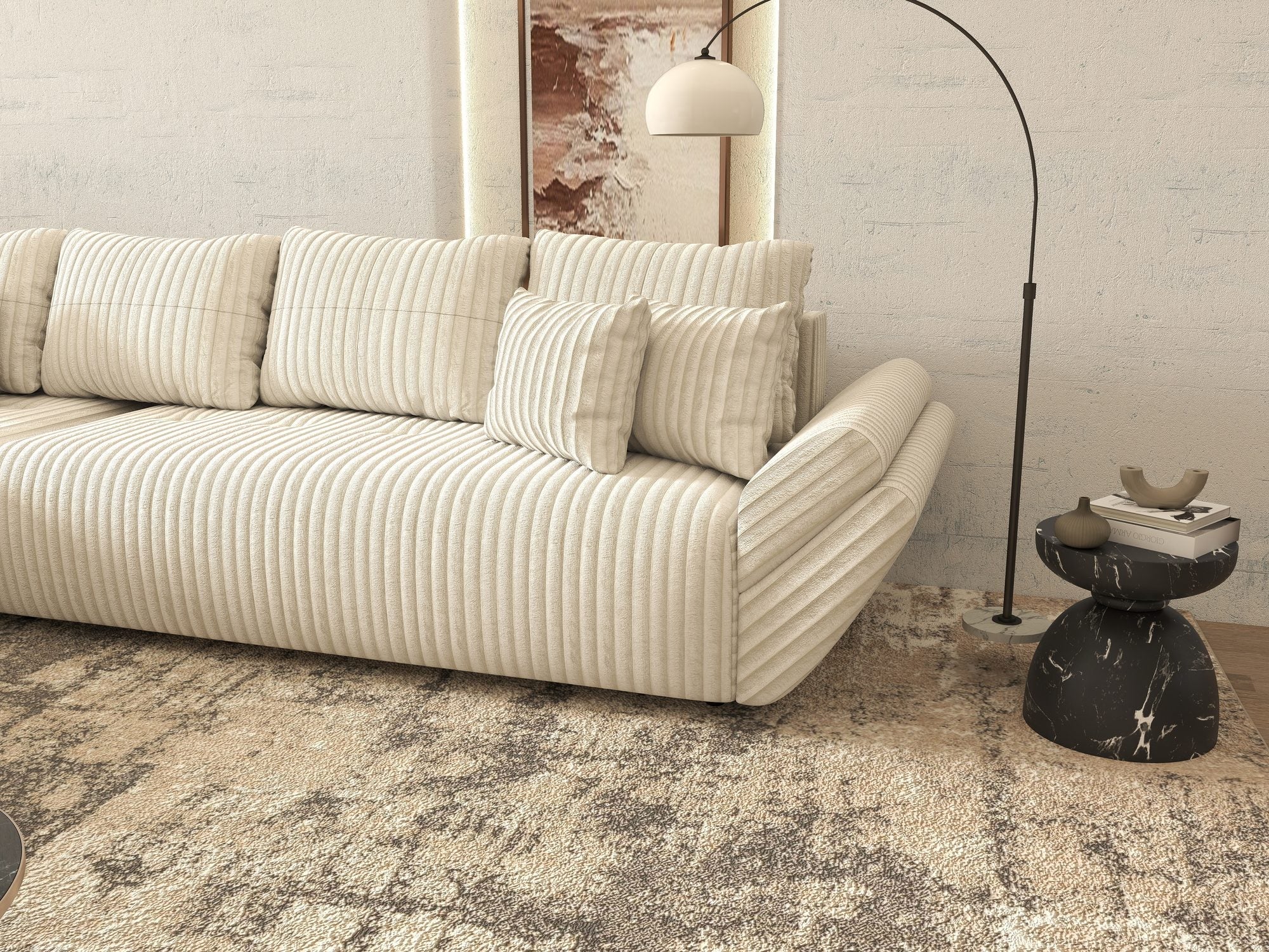 Colțar extensibil dumonde cu ladă de depozitare si sezut confortabil din spuma high-density, Berlin XL Tilia Bej 01 350x185 cm