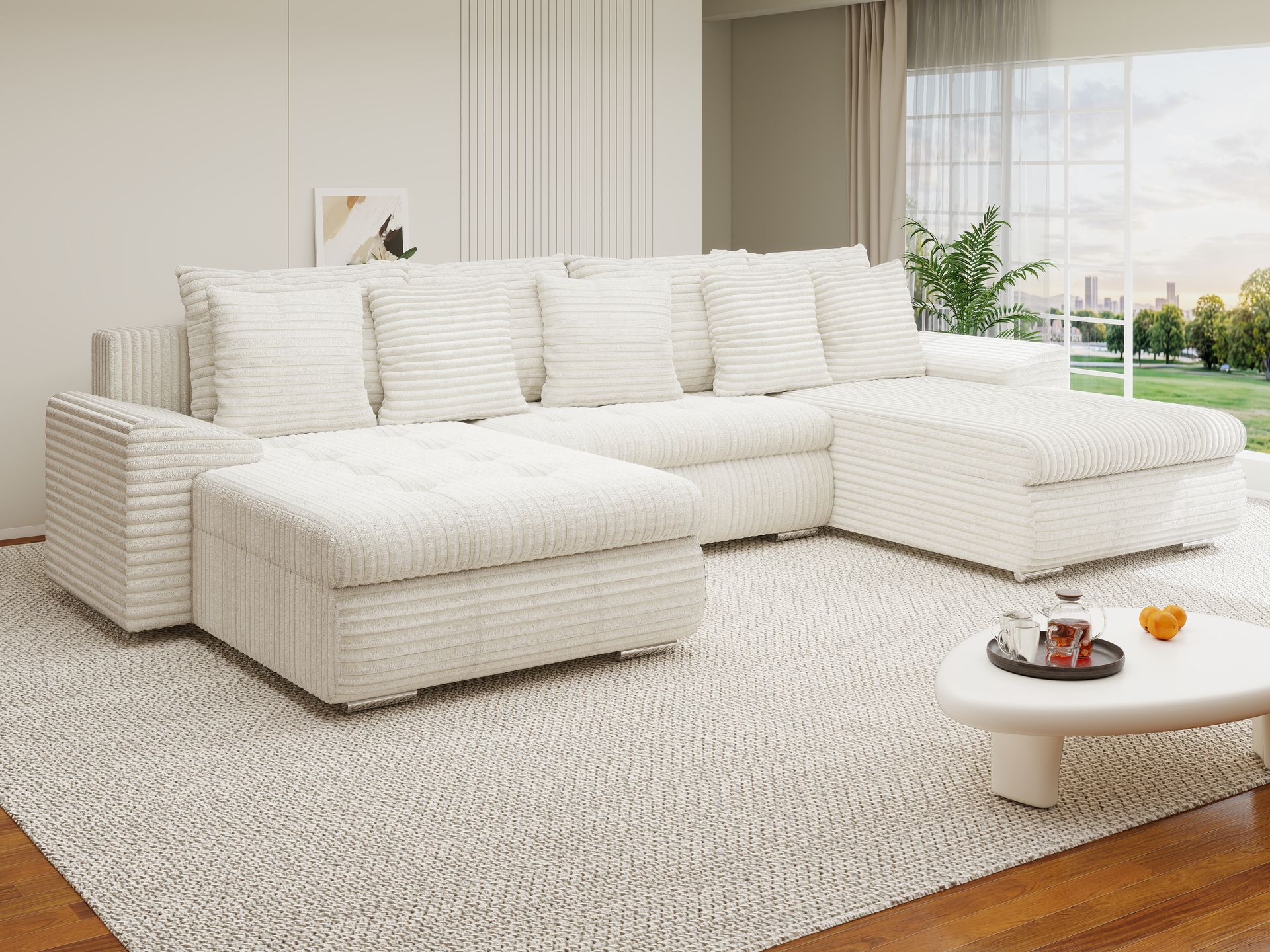 Colțar extensibil dumonde cu ladă de depozitare si sezut confortabil din spuma high-density, Leonardo U Tilia Bej 01 360x185 cm