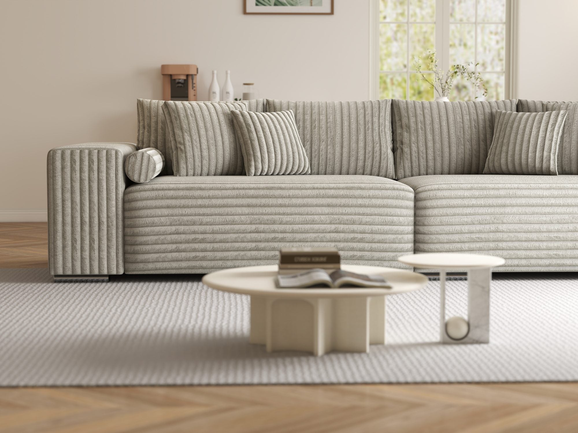 Canapea extensibilă dumonde cu ladă de depozitare si sezut confortabil din spuma high-density, Marbela XXL Tilia Gri- Bej 11 290x100 cm