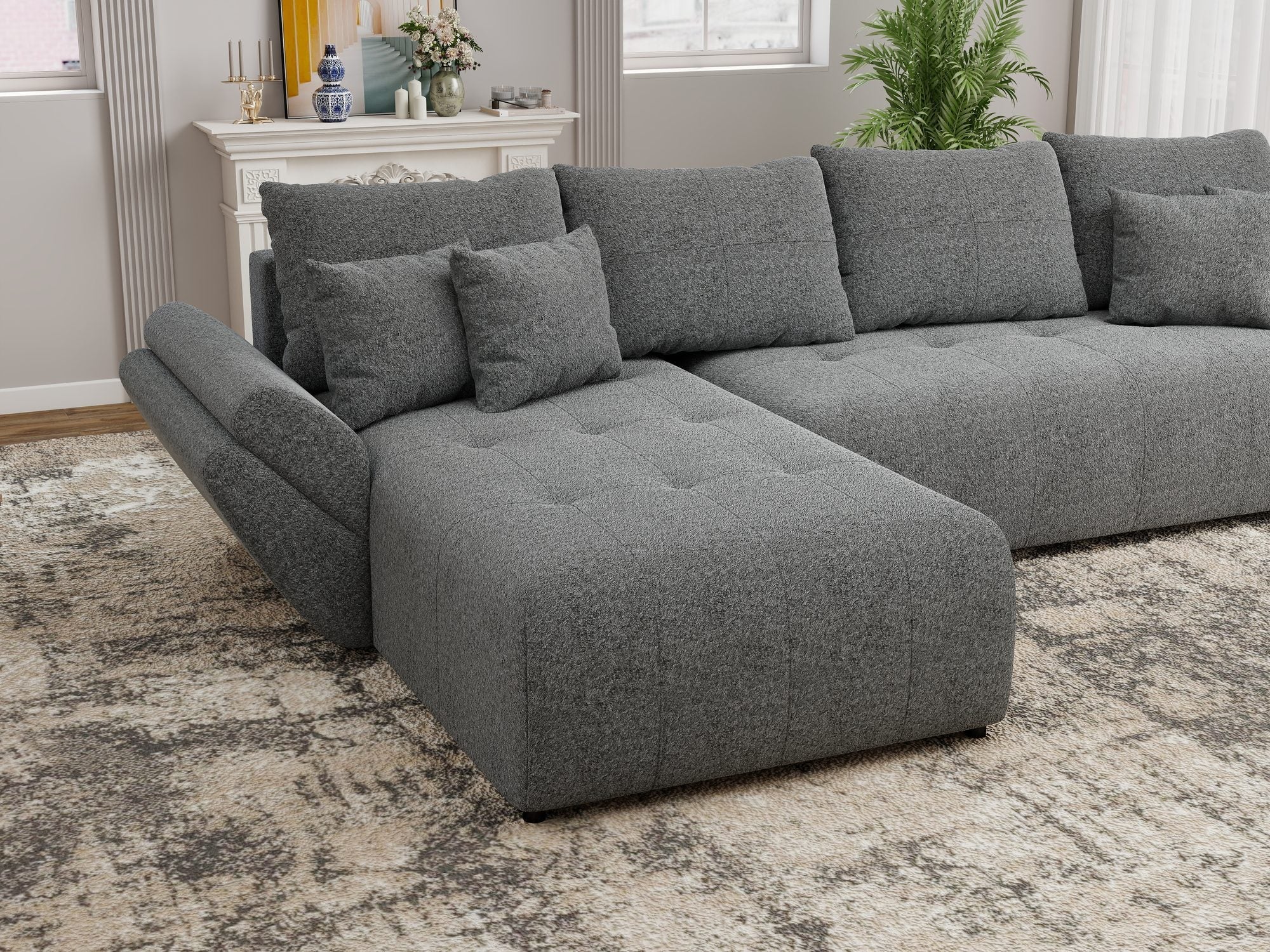 Colțar extensibil dumonde cu ladă de depozitare si sezut confortabil din spuma high-density, Berlin XL Monte Gri 90 350x185 cm