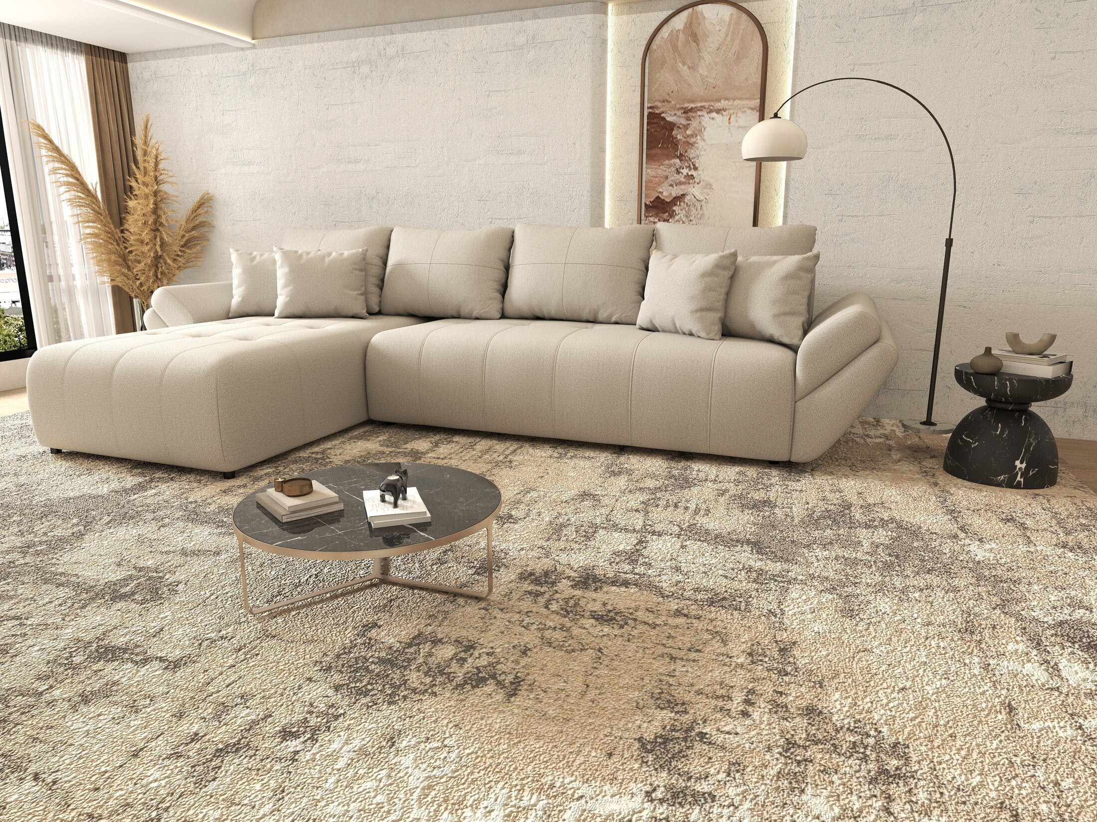 Colțar extensibil dumonde cu ladă de depozitare si sezut confortabil din spuma high-density, Berlin XL Enjoy Beige 350x185 cm