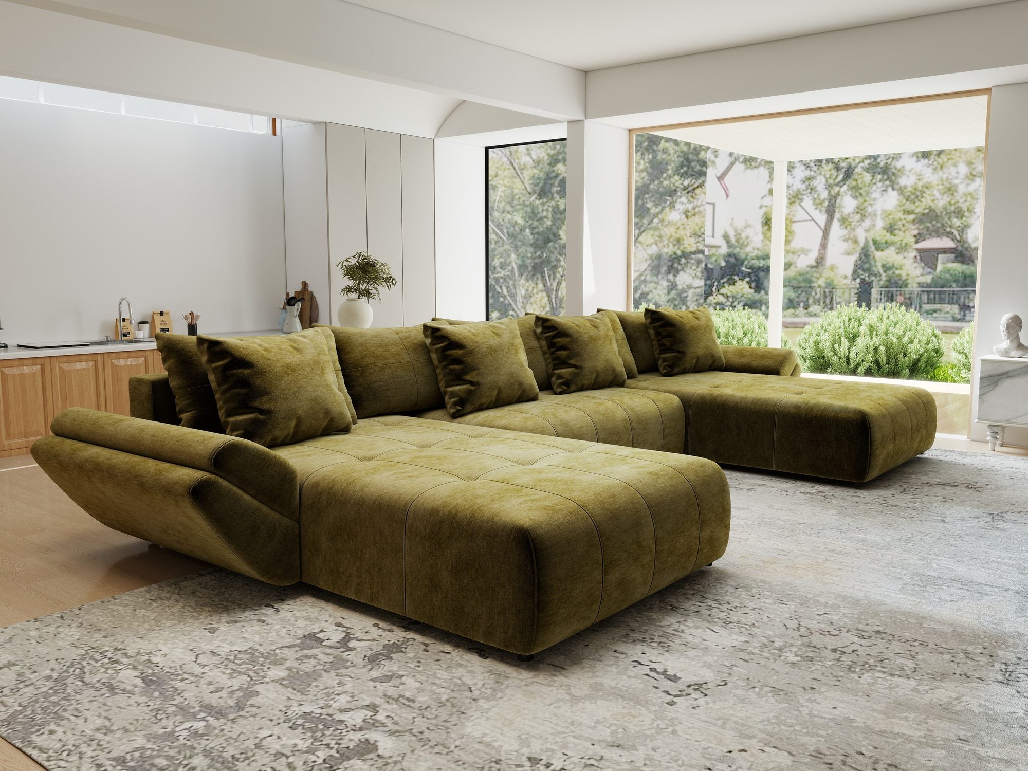 Colțar extensibil dumonde cu ladă de depozitare si sezut confortabil din spuma high-density, Berlin U Monolith Verde Olive 38 380x180 cm