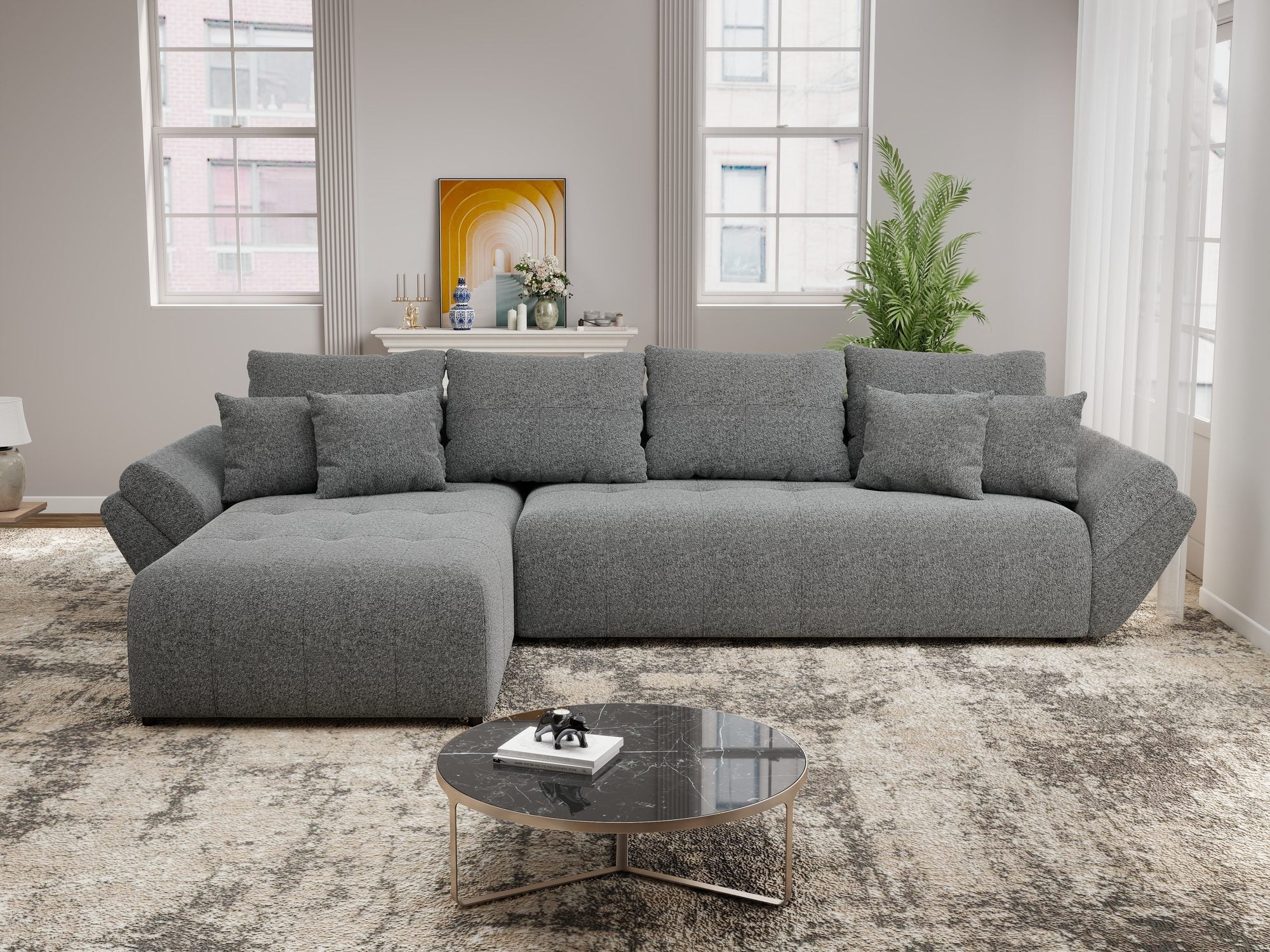 Colțar extensibil dumonde cu ladă de depozitare si sezut confortabil din spuma high-density, Berlin XL Monte Gri 90 350x185 cm