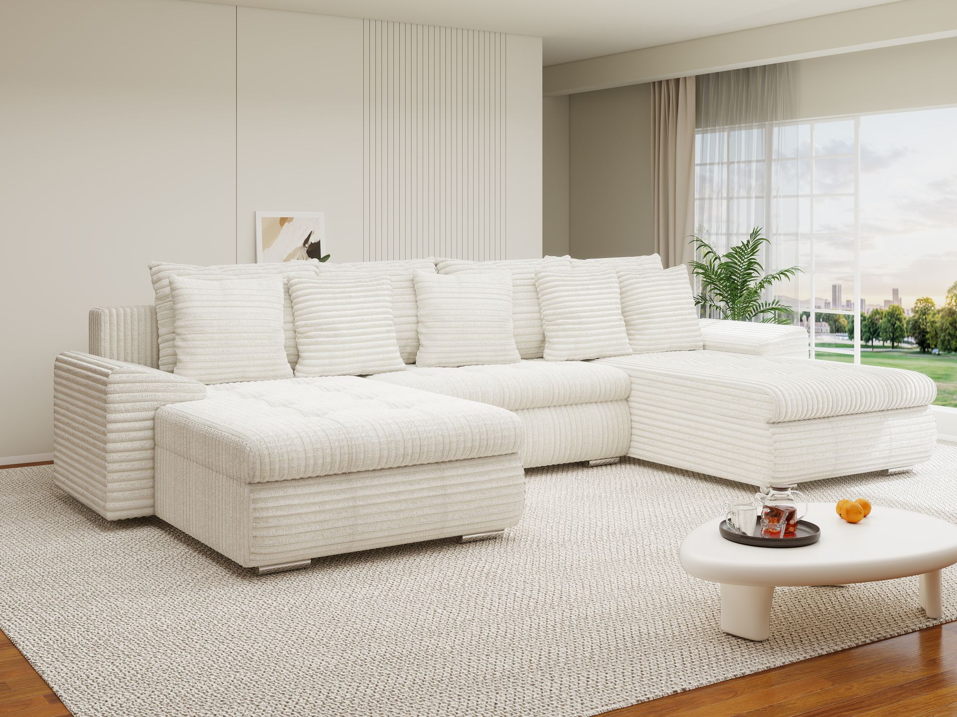 Colțar extensibil dumonde cu ladă de depozitare si sezut confortabil din spuma high-density, Leonardo U Tilia Bej 01 360x185 cm