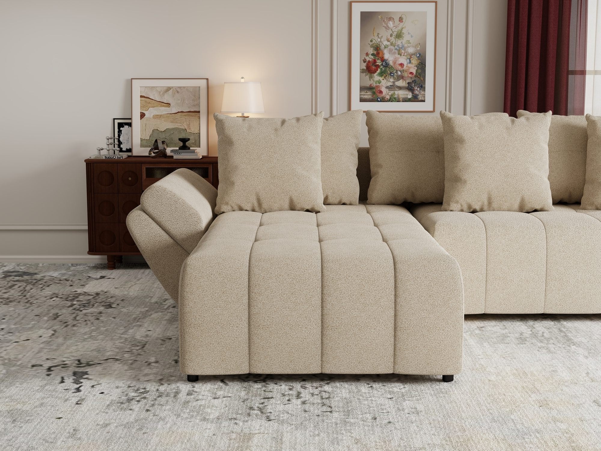 Colțar extensibil dumonde cu ladă de depozitare si sezut confortabil din spuma high-density, Berlin Quelle Bej 05 280x185 cm