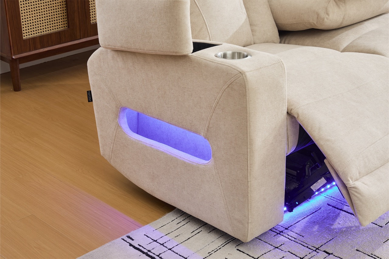 3 személyes kanapé 2 elektromos relax funkcióval, asztallal, USB-C-vel, pohártartóval, olvasólámpával, LED világítással, Torven 216x96cm