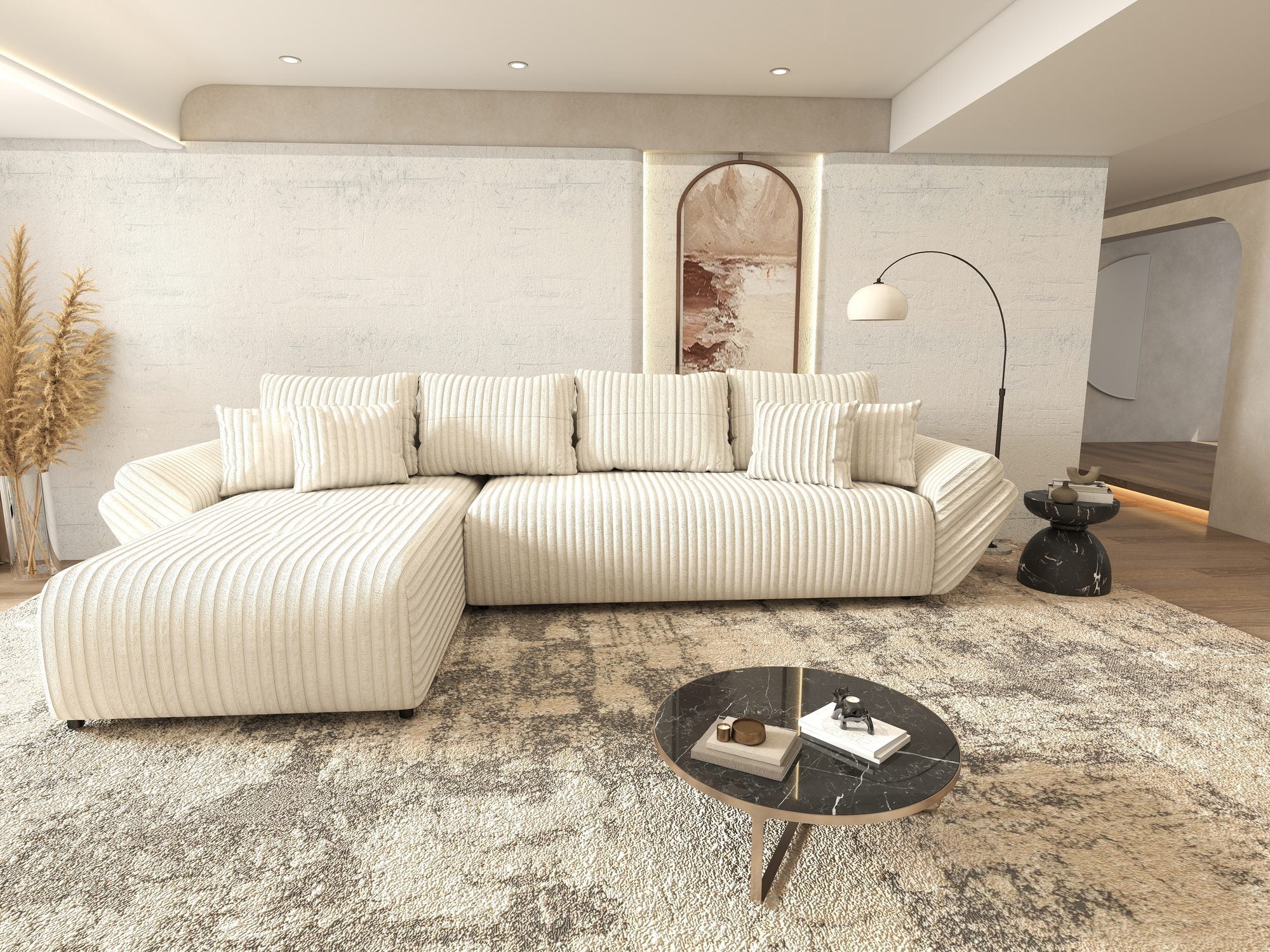 Colțar extensibil dumonde cu ladă de depozitare si sezut confortabil din spuma high-density, Berlin XL Tilia Bej 01 350x185 cm