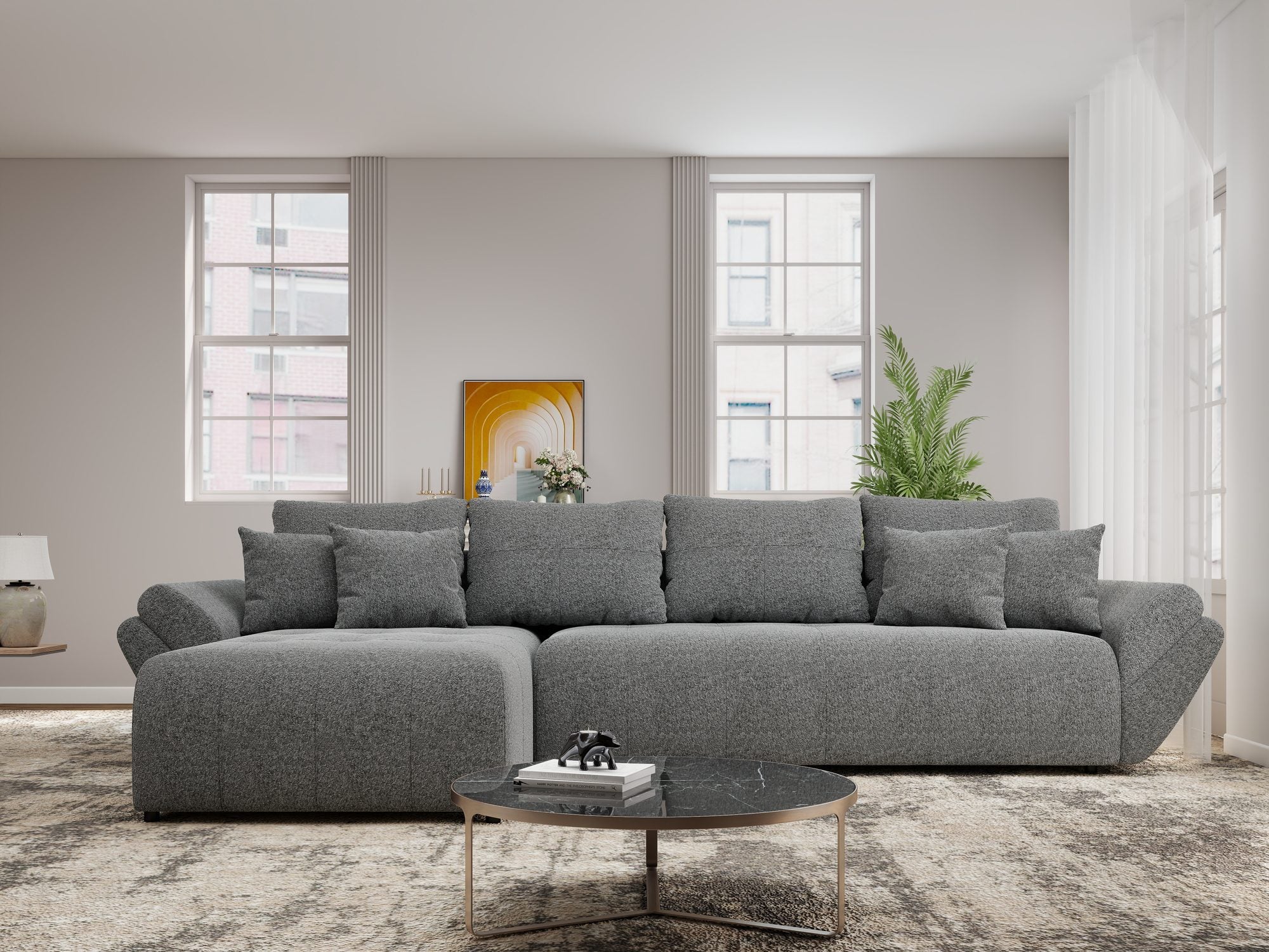 Colțar extensibil dumonde cu ladă de depozitare si sezut confortabil din spuma high-density, Berlin XL Monte Gri 90 350x185 cm