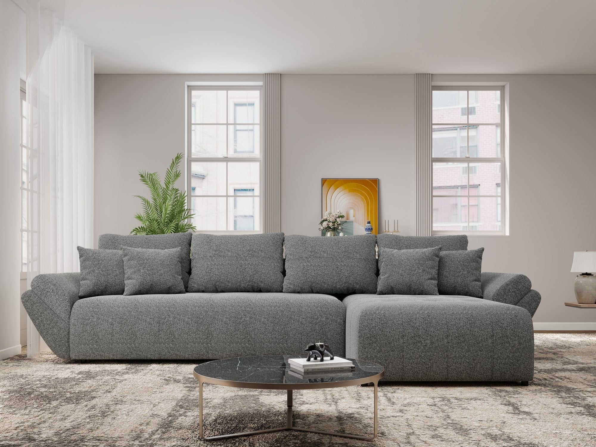 Colțar extensibil dumonde cu ladă de depozitare si sezut confortabil din spuma high-density, Berlin XL Monte Gri 90 II 350x185 cm