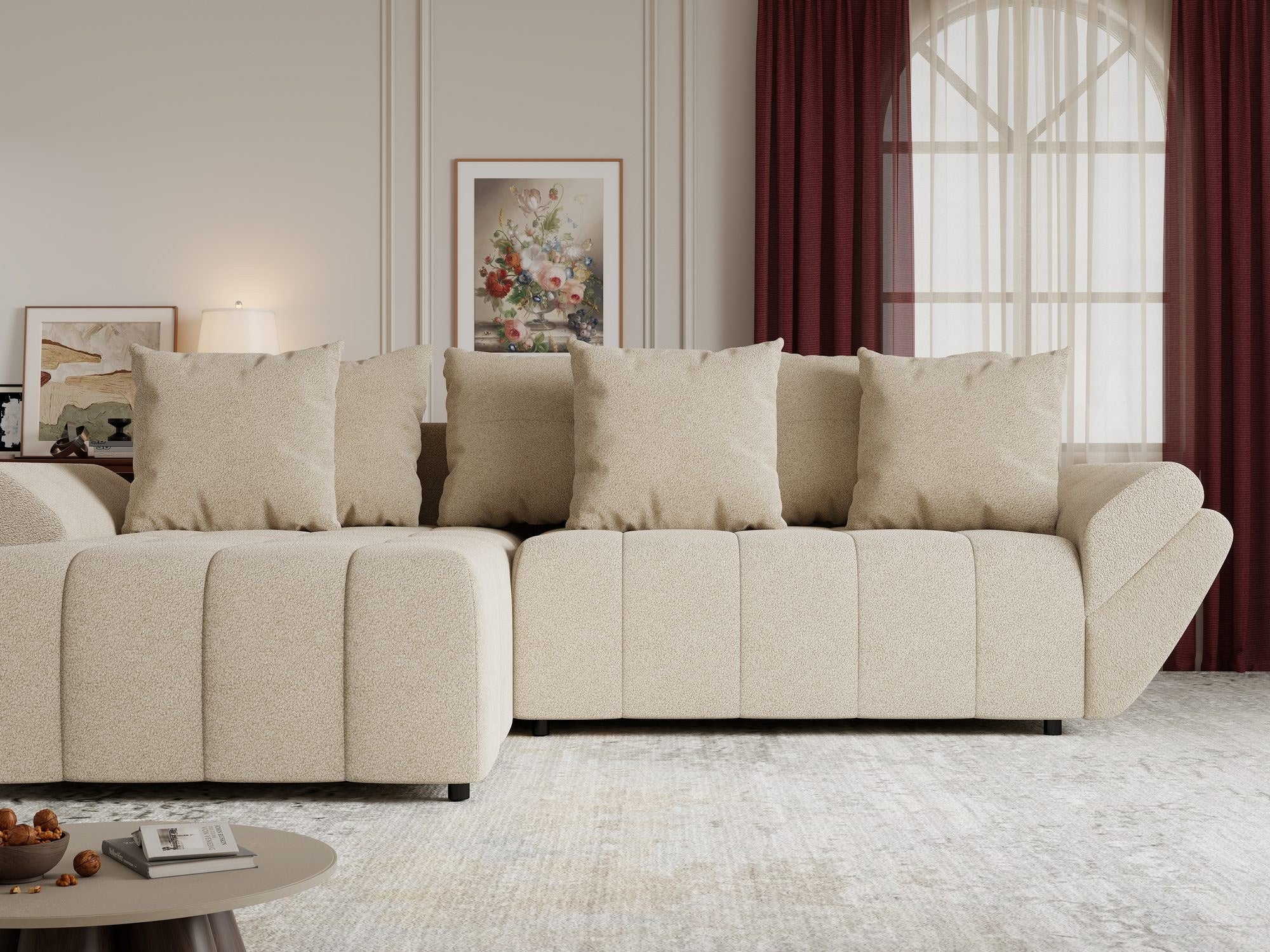 Colțar extensibil dumonde cu ladă de depozitare si sezut confortabil din spuma high-density, Berlin Quelle Bej 05 280x185 cm