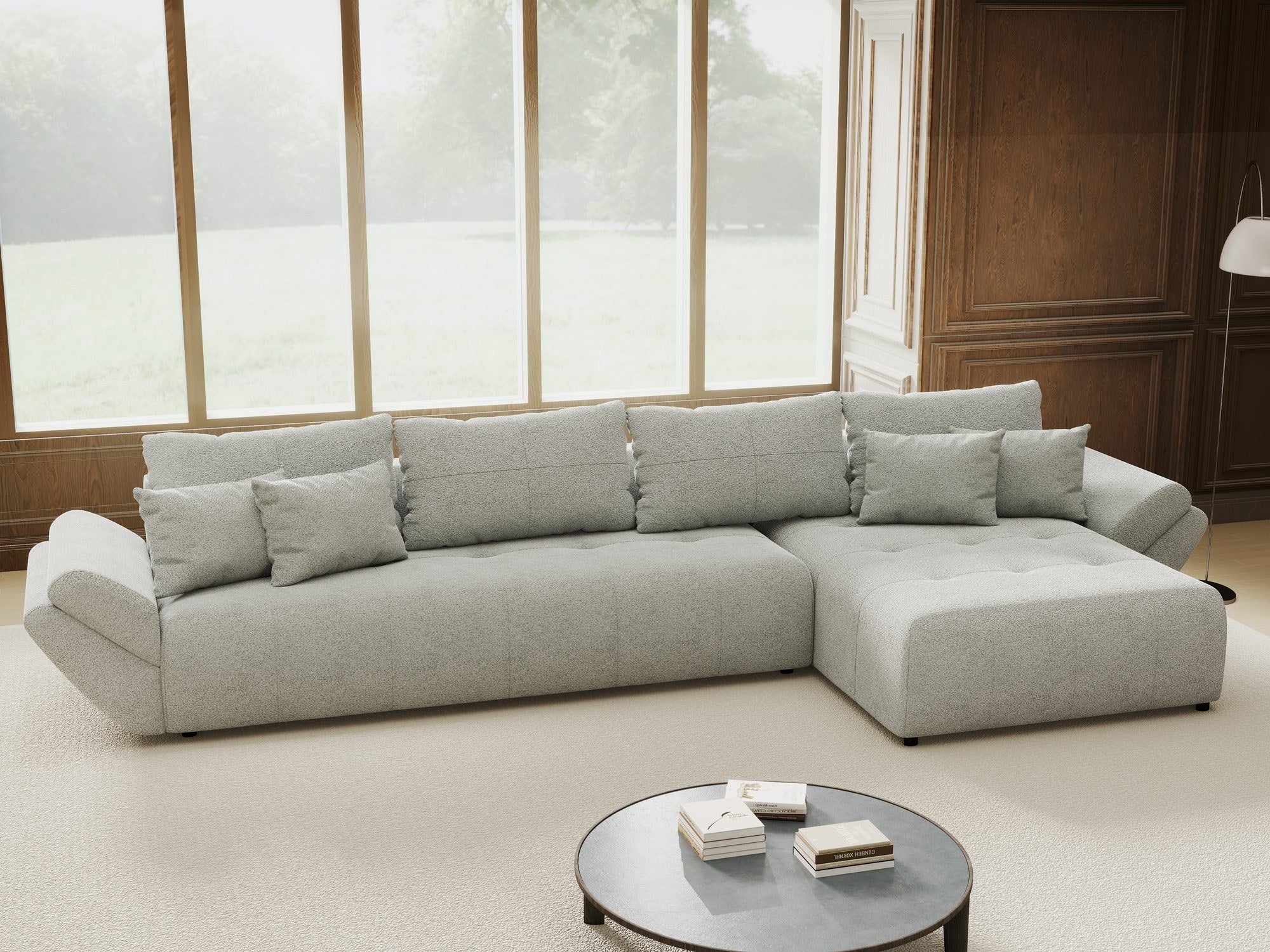 Colțar extensibil dumonde cu ladă de depozitare si sezut confortabil din spuma high-density, Berlin XL Quelle Gri 83 II 350x185 cm