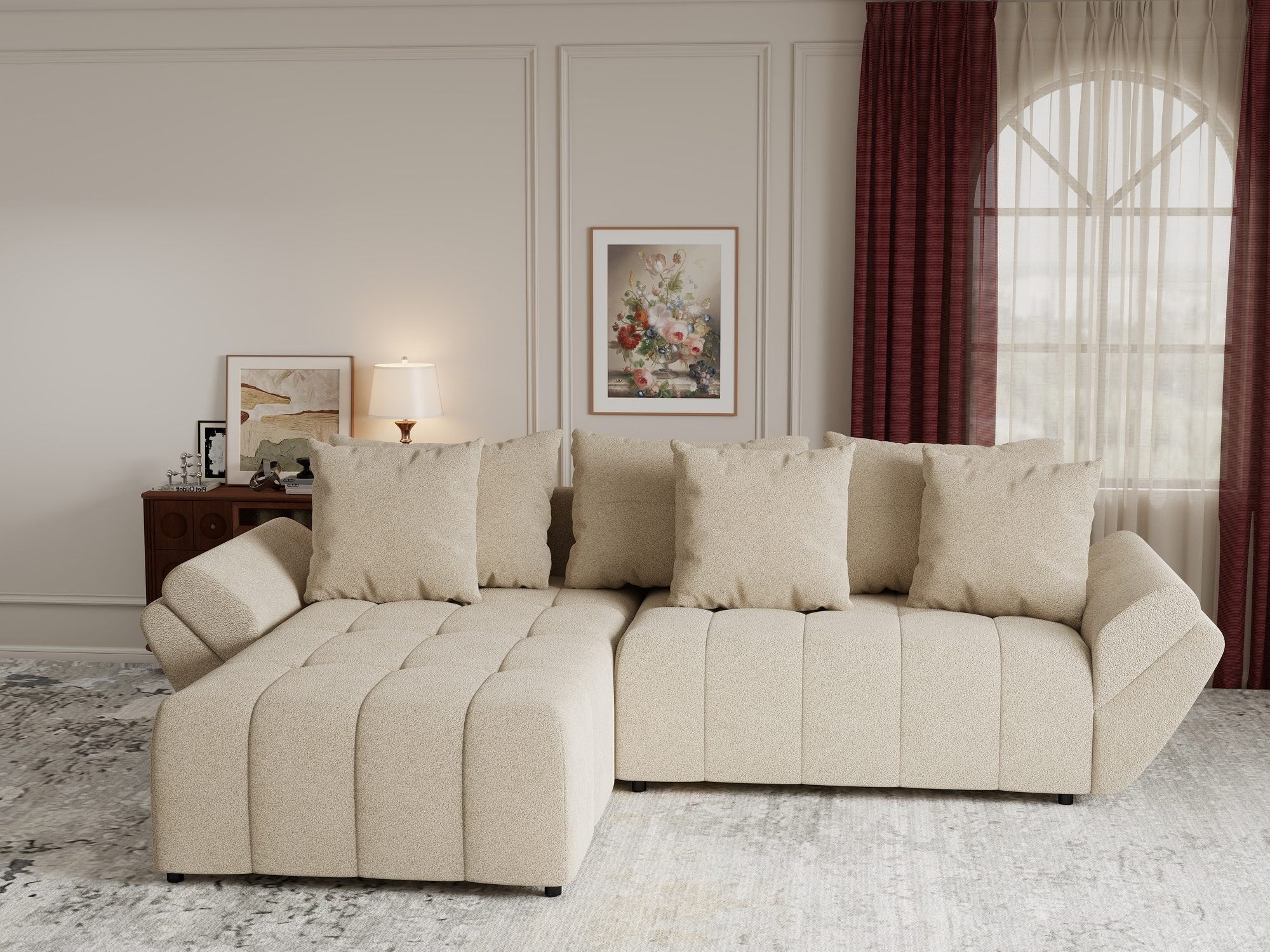 Colțar extensibil dumonde cu ladă de depozitare si sezut confortabil din spuma high-density, Berlin Quelle Bej 05 280x185 cm