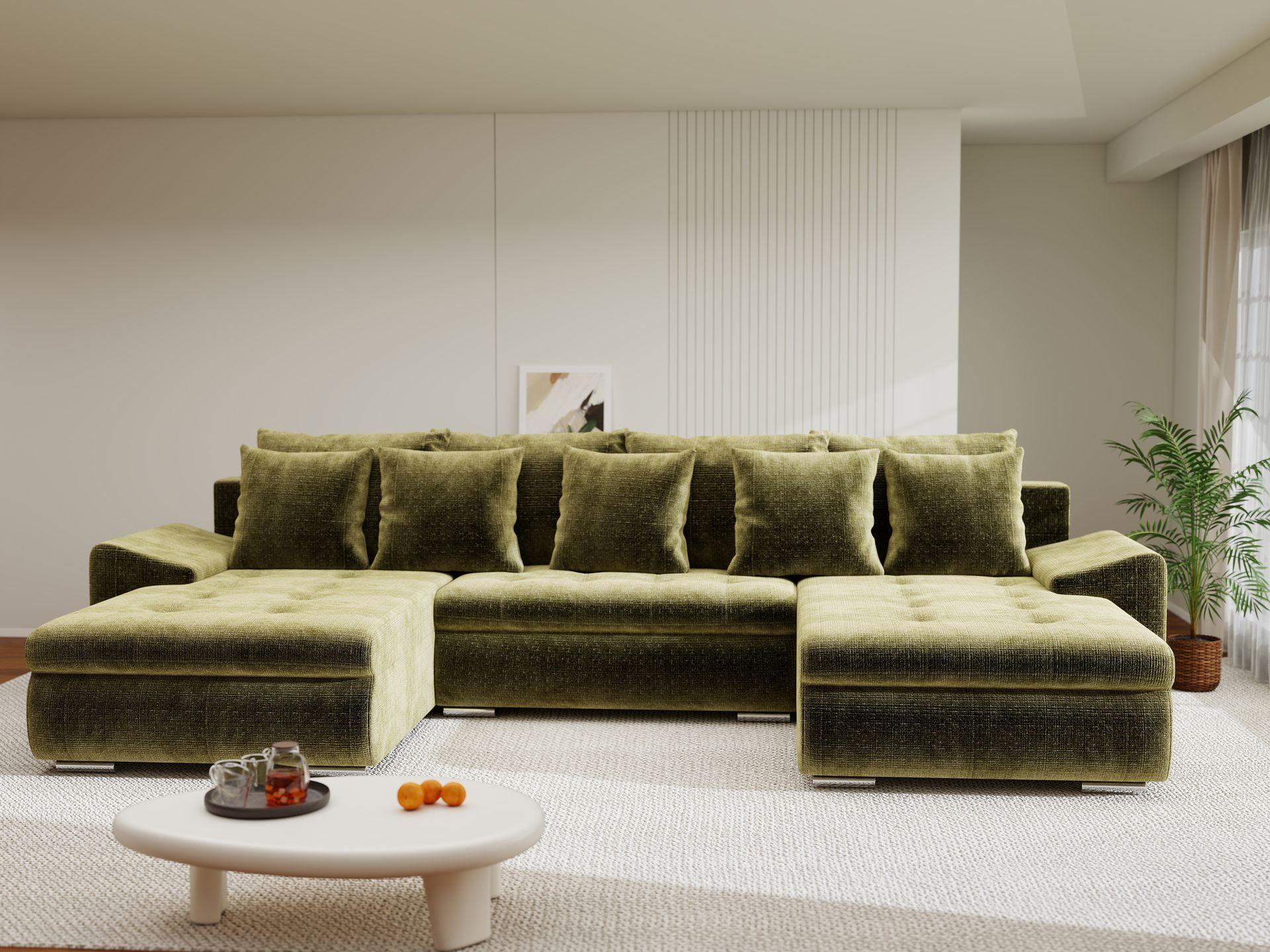 Colțar extensibil dumonde cu ladă de depozitare si sezut confortabil din spuma high-density, Leonardo U Cremona Olive 38 360x185 cm