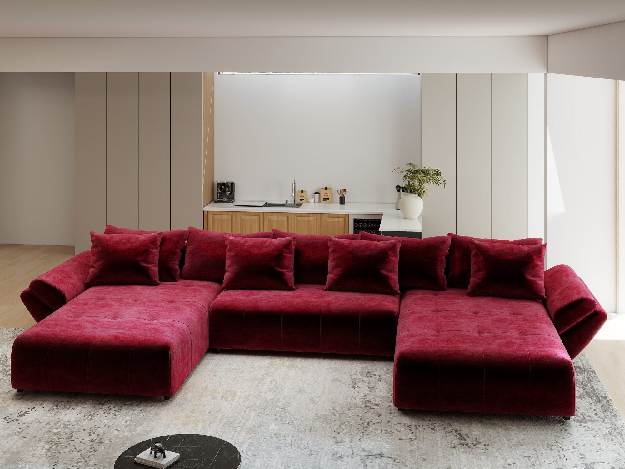 Colțar extensibil dumonde cu ladă de depozitare si sezut confortabil din spuma high-density, Berlin U Monolith Rosu 59 380x180 cm