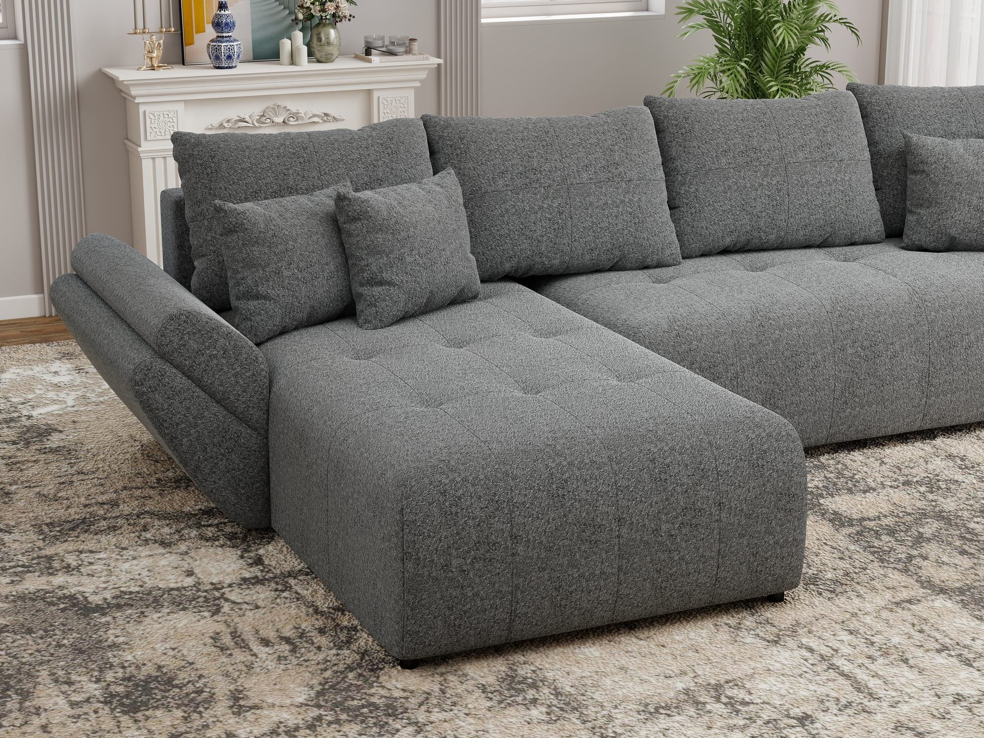 Colțar extensibil dumonde cu ladă de depozitare si sezut confortabil din spuma high-density, Berlin XL Monte Gri 90 350x185 cm