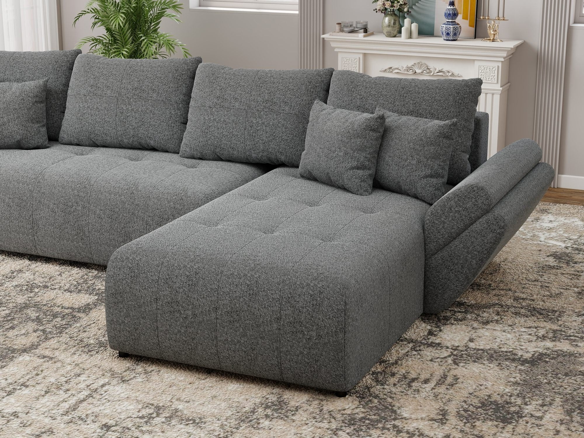 Colțar extensibil dumonde cu ladă de depozitare si sezut confortabil din spuma high-density, Berlin XL Monte Gri 90 II 350x185 cm