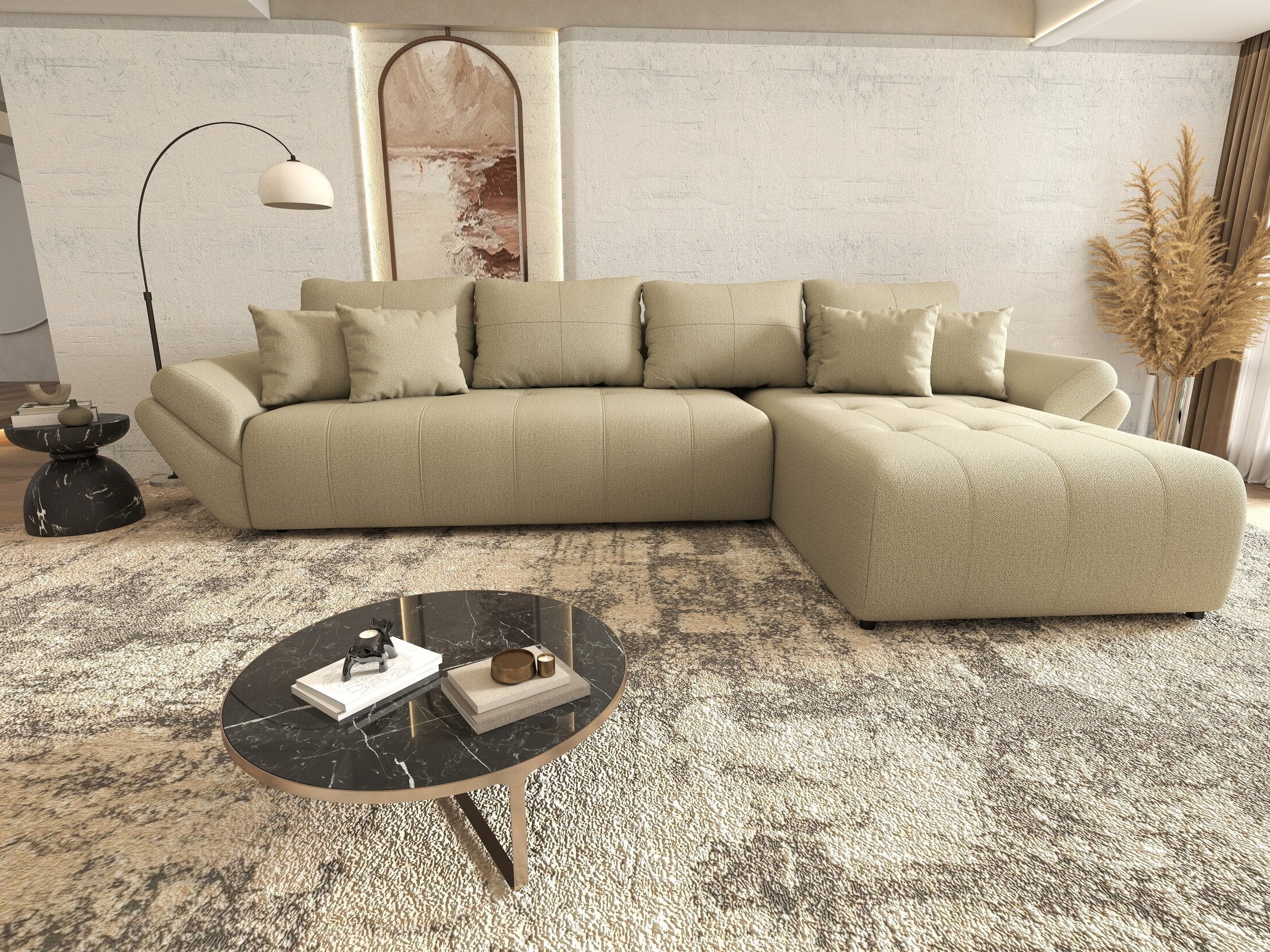 Colțar extensibil dumonde cu ladă de depozitare si sezut confortabil din spuma high-density, Berlin XL Enjoy Camel 350x185 cm II