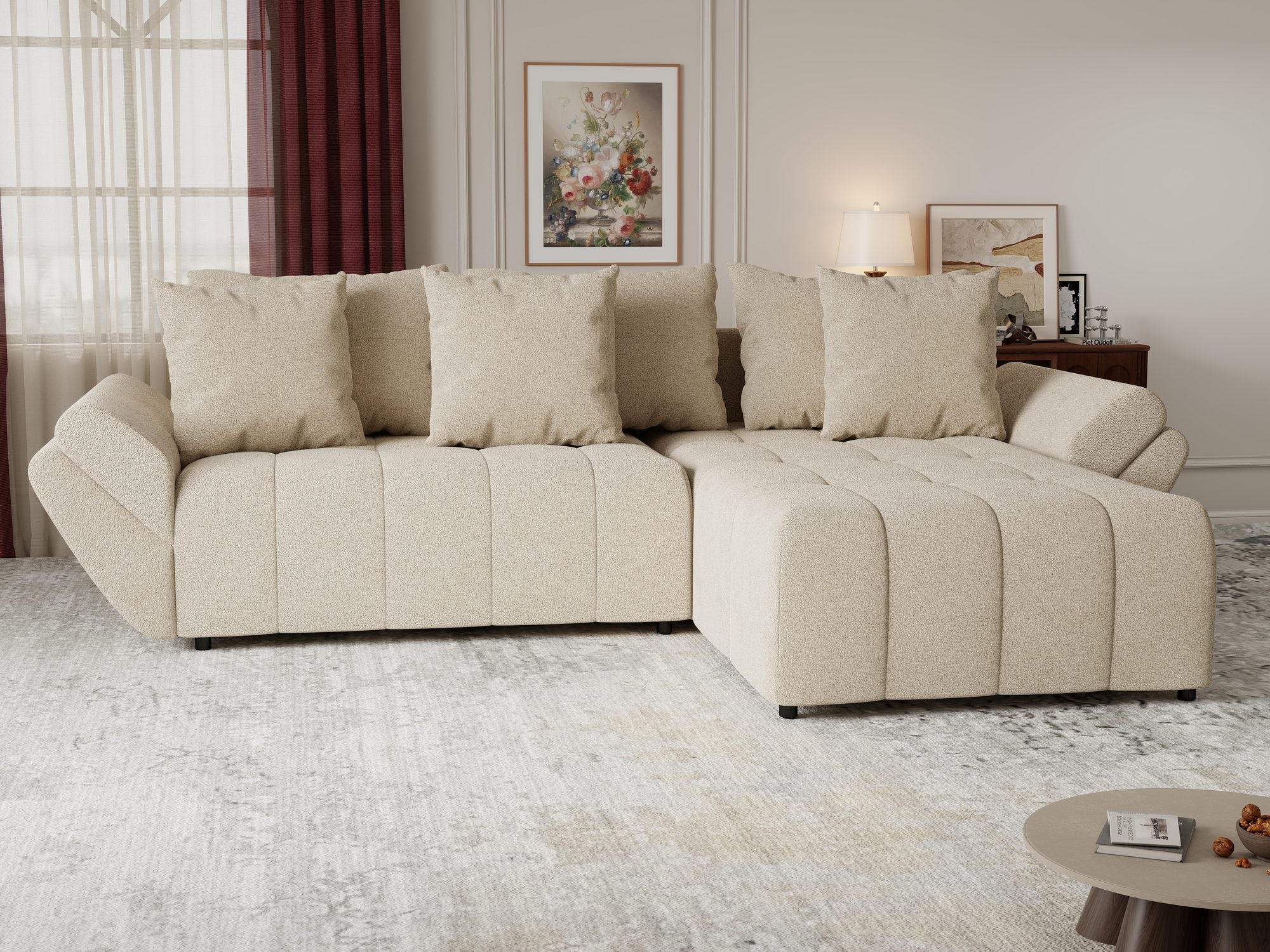 Colțar extensibil dumonde cu ladă de depozitare si sezut confortabil din spuma high-density, Berlin Quelle Bej 05 II 280x185 cm