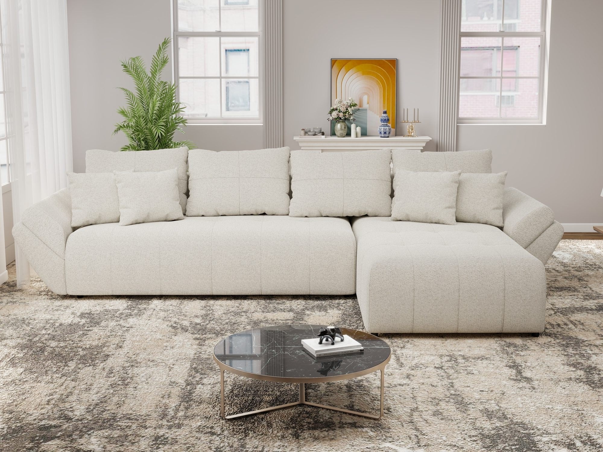 Colțar extensibil dumonde cu ladă de depozitare si sezut confortabil din spuma high-density, Berlin XL Monte Bej 03 II 350x185 cm
