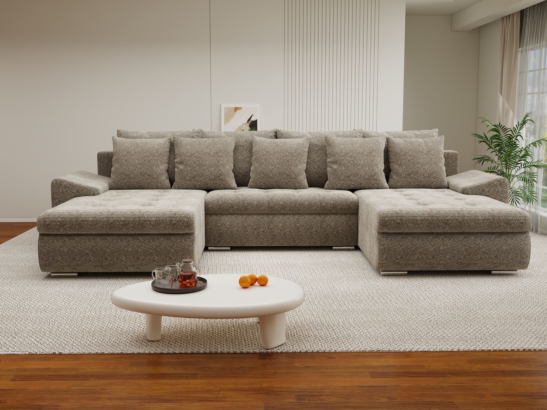 Colțar extensibil dumonde cu ladă de depozitare si sezut confortabil din spuma high-density, Leonardo U Arena Bej 04 360x185 cm