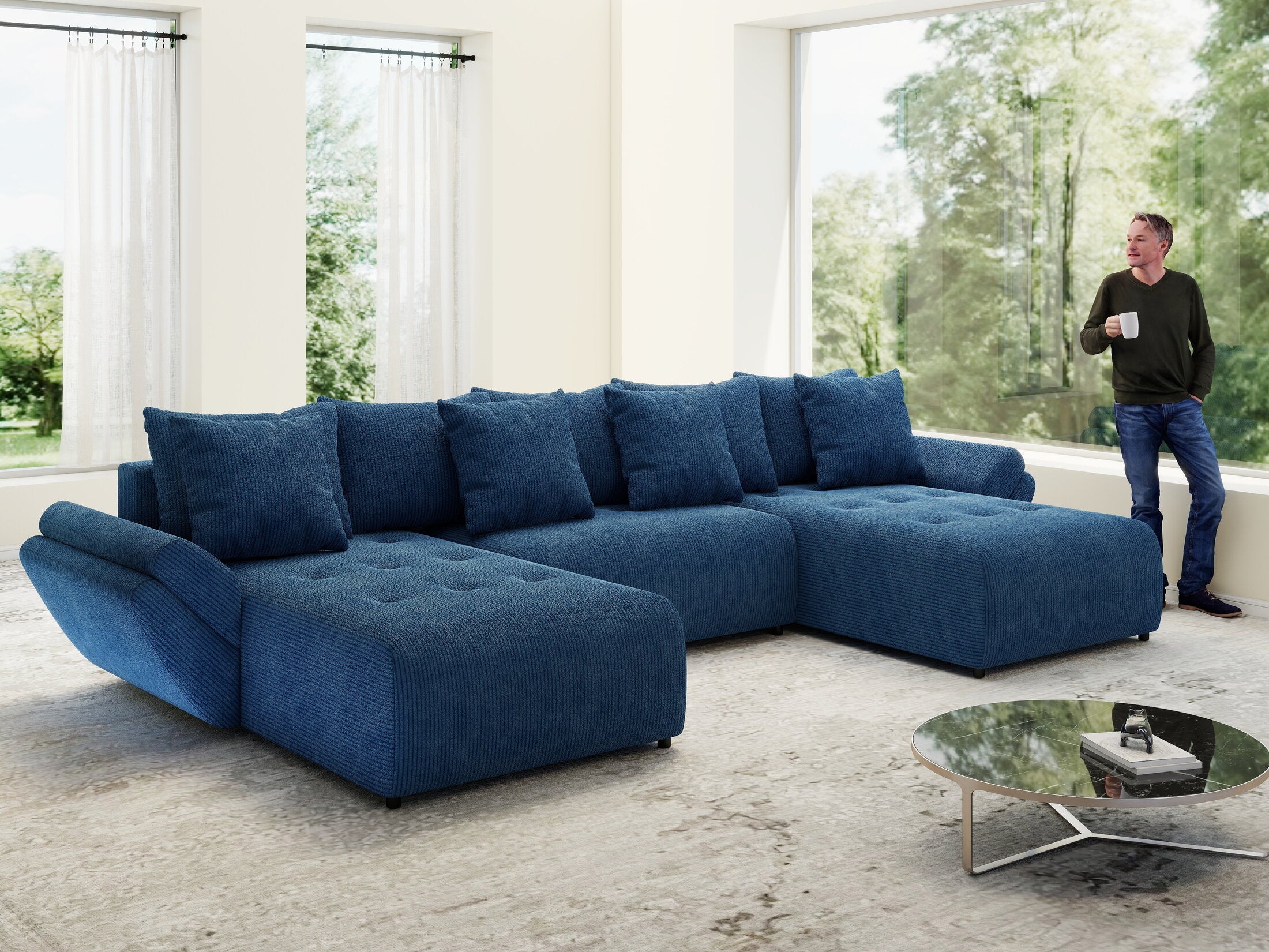 Colțar extensibil dumonde cu ladă de depozitare si sezut confortabil din spuma high-density, Berlin U Zoom Blue 400x185 cm