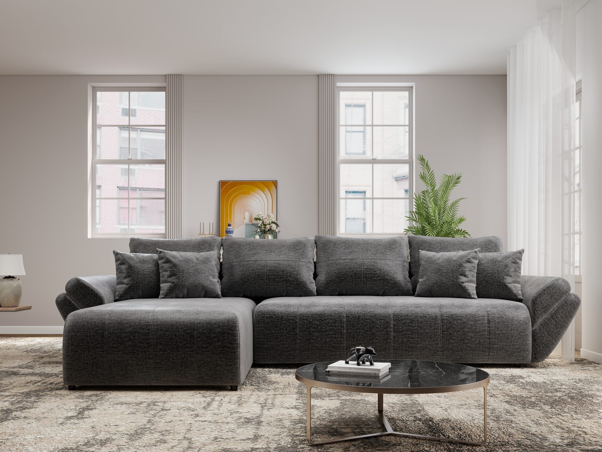 Colțar extensibil dumonde cu ladă de depozitare si sezut confortabil din spuma high-density, Berlin XL Monolith Gri Antracit 97 350x185 cm