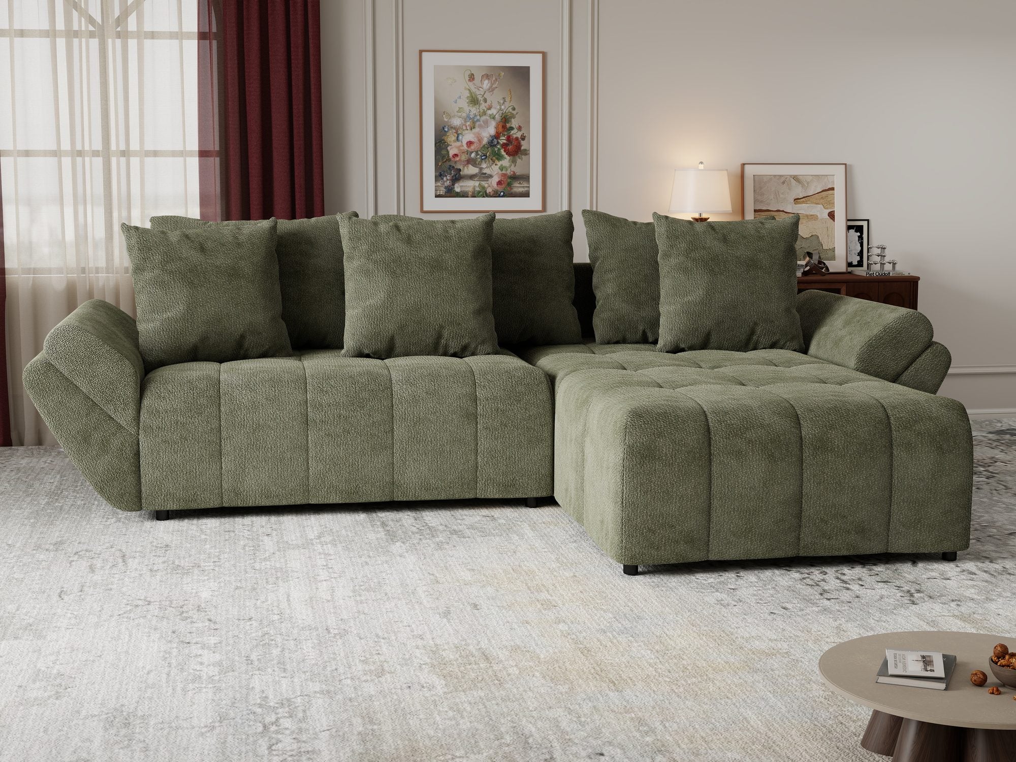 Colțar extensibil dumonde cu ladă de depozitare si sezut confortabil din spuma high-density, Berlin Vibe Olive 38 II 280x185 cm