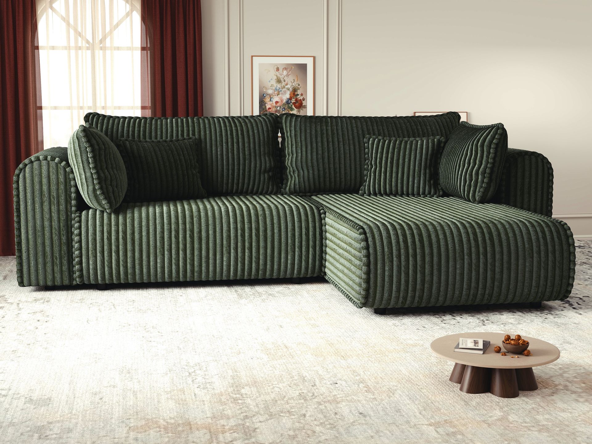 Colțar extensibil dumonde cu ladă de depozitare si sezut confortabil din spuma high-density, Monaco L Tilia Verde II 270x100 cm