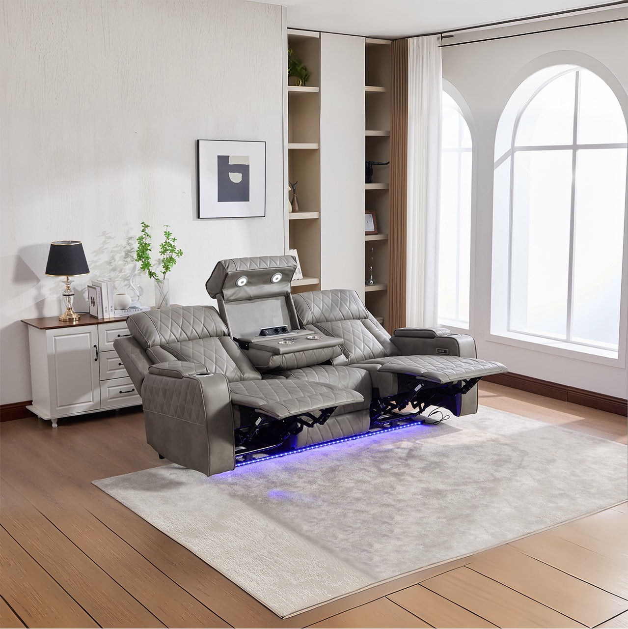 Dumonde kanapé, elektromos fekvő, vezeték nélküli töltés, USB-C, fűtött pohártartók, LED világítás Selvar 215x97 cm