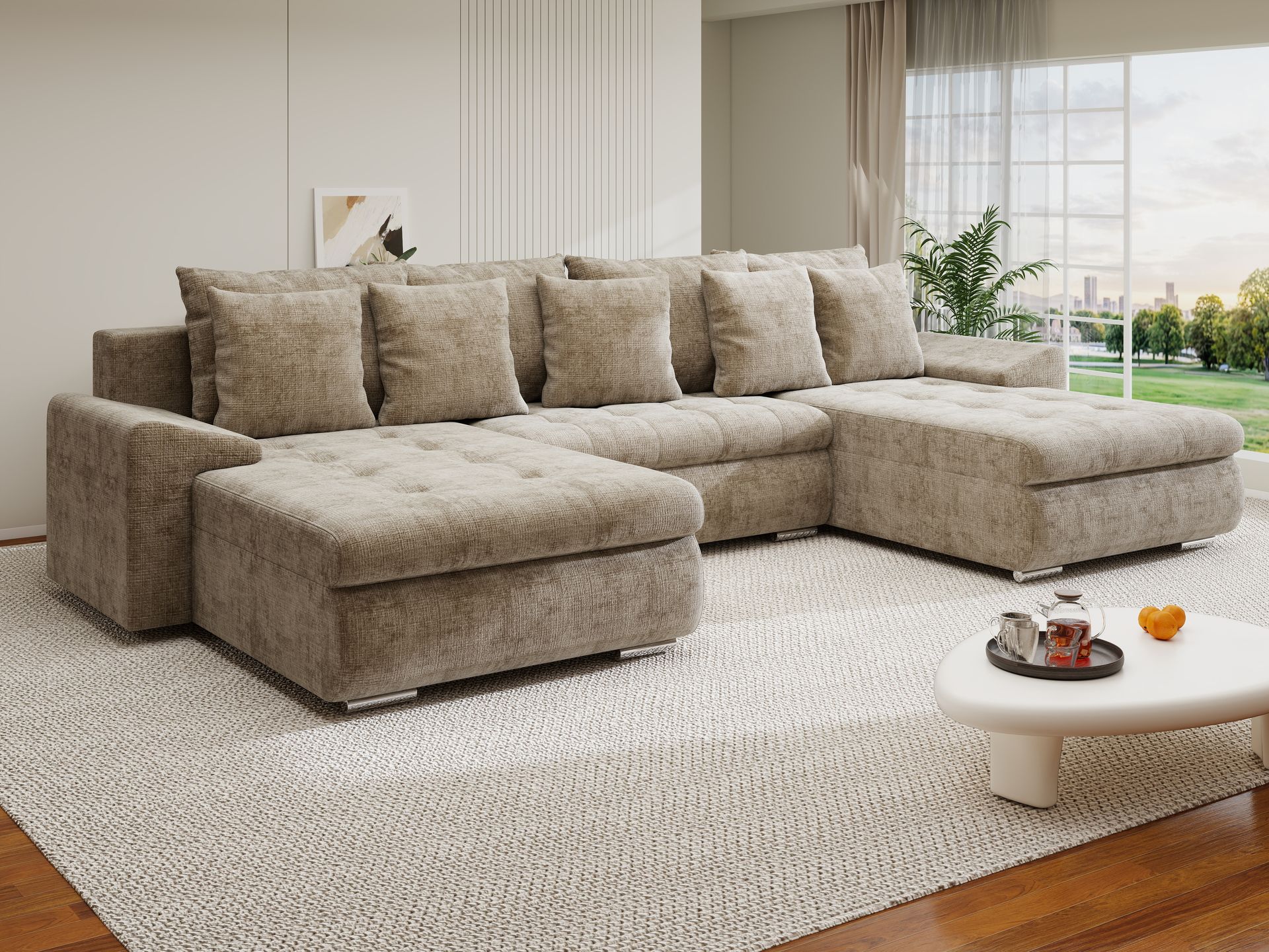 Colțar extensibil dumonde cu ladă de depozitare si sezut confortabil din spuma high-density, Leonardo U Cremona Bej 14 360x185 cm