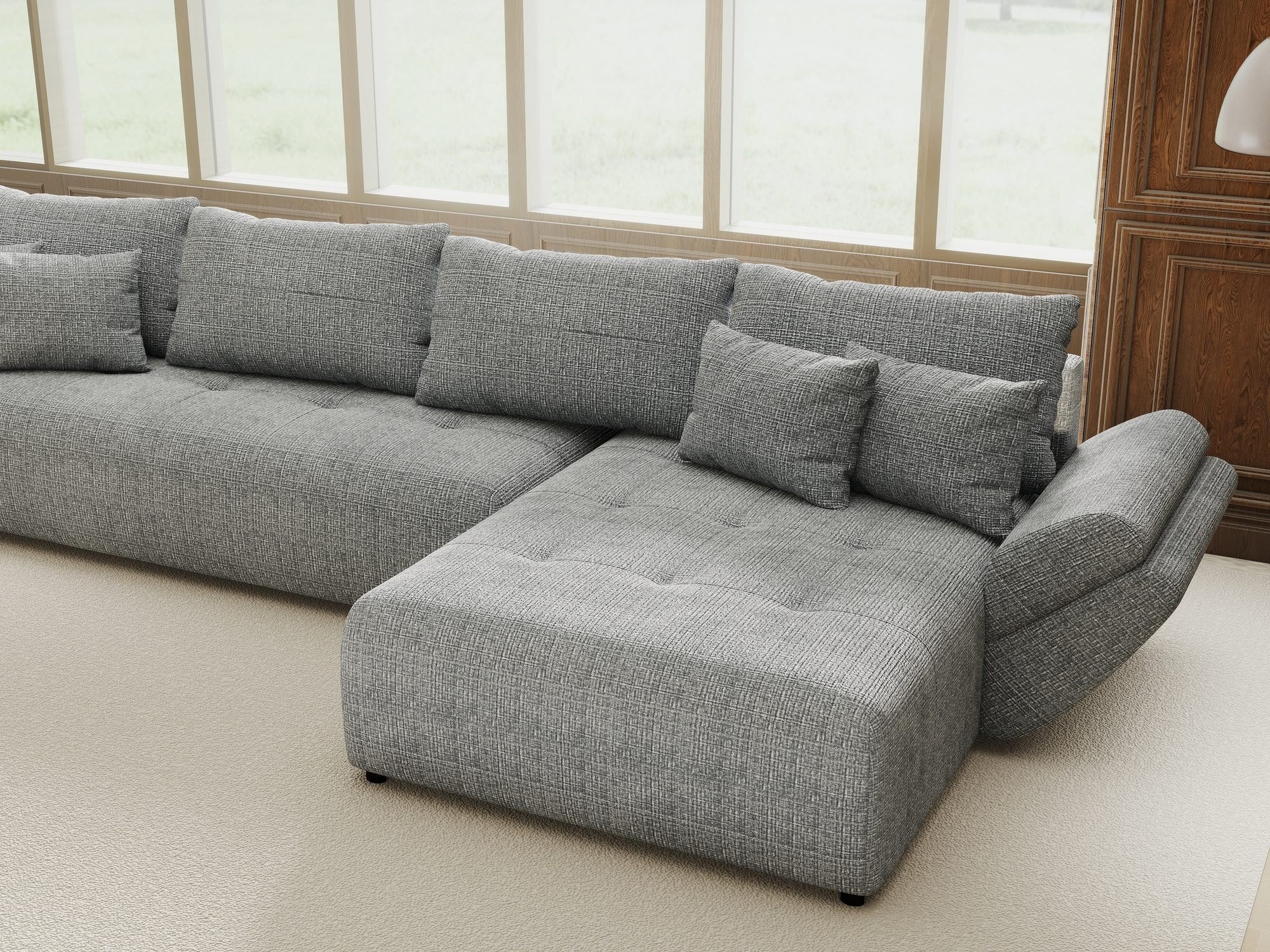 Colțar extensibil dumonde cu ladă de depozitare si sezut confortabil din spuma high-density, Berlin XL Cremona Gri 85 II 350x185 cm