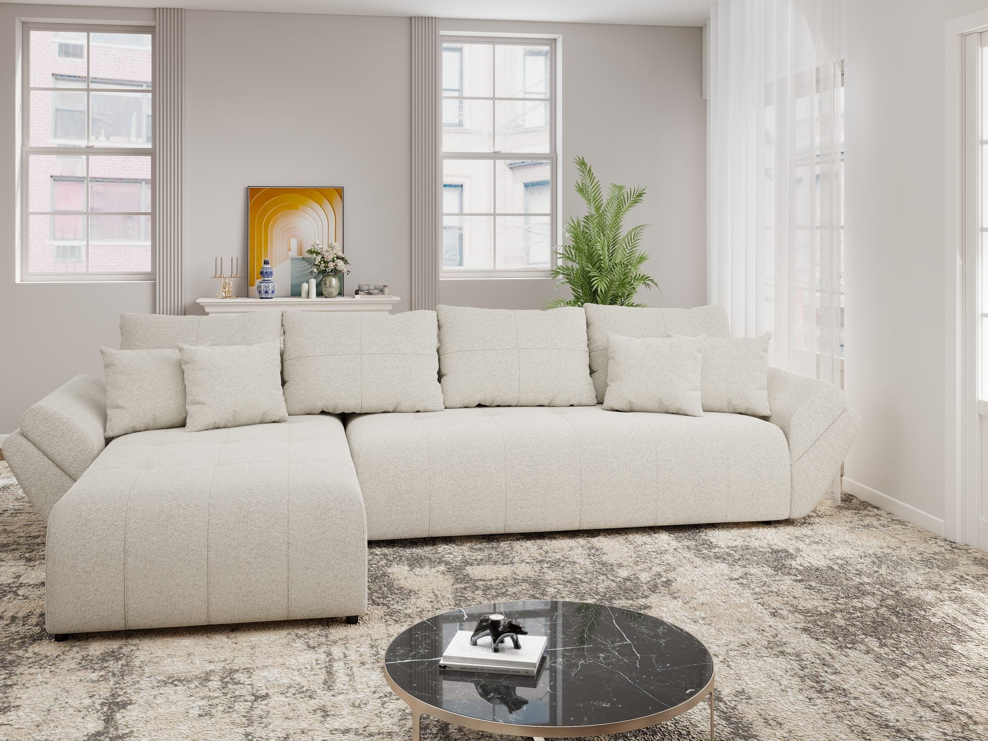 Colțar extensibil dumonde cu ladă de depozitare si sezut confortabil din spuma high-density, Berlin XL Monte Bej 03 350x185 cm