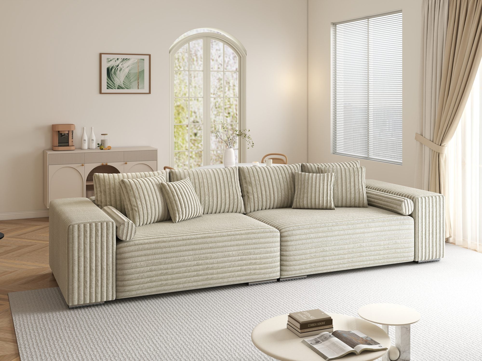 Canapea extensibilă dumonde cu ladă de depozitare si sezut confortabil din spuma high-density, Marbela XXL Tilia Bej 08 290x100 cm
