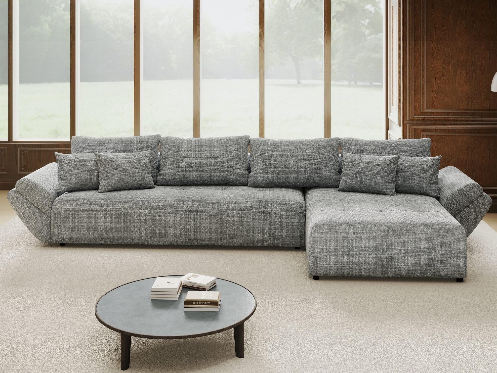 Colțar extensibil dumonde cu ladă de depozitare si sezut confortabil din spuma high-density, Berlin XL Cremona Gri 85 II 350x185 cm
