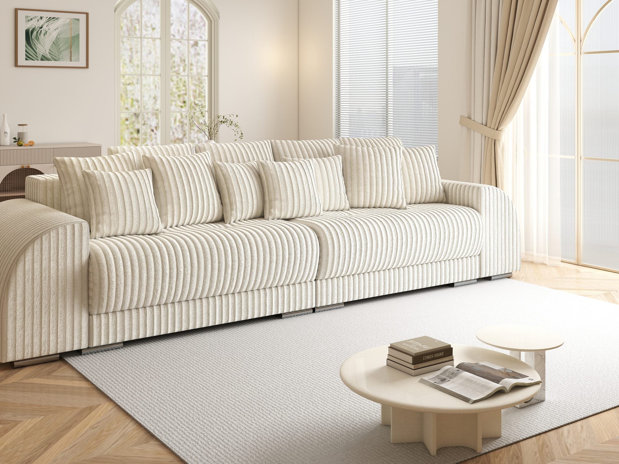 Canapea extensibilă dumonde cu 2 lăzi de depozitare si sezut confortabil din spuma high-density, Verona Tilia Bej 01 310x100 cm