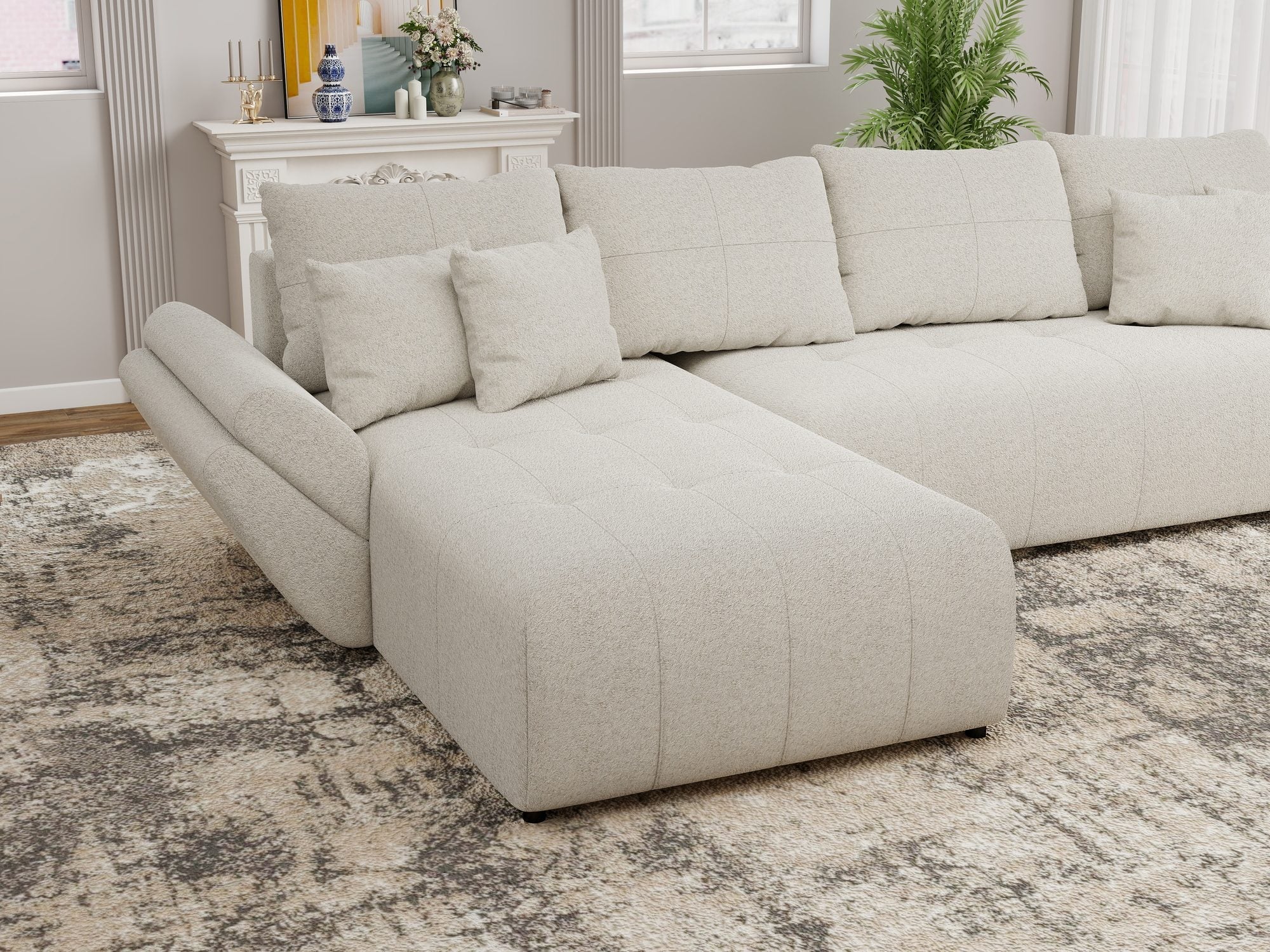 Colțar extensibil dumonde cu ladă de depozitare si sezut confortabil din spuma high-density, Berlin XL Monte Bej 03 350x185 cm