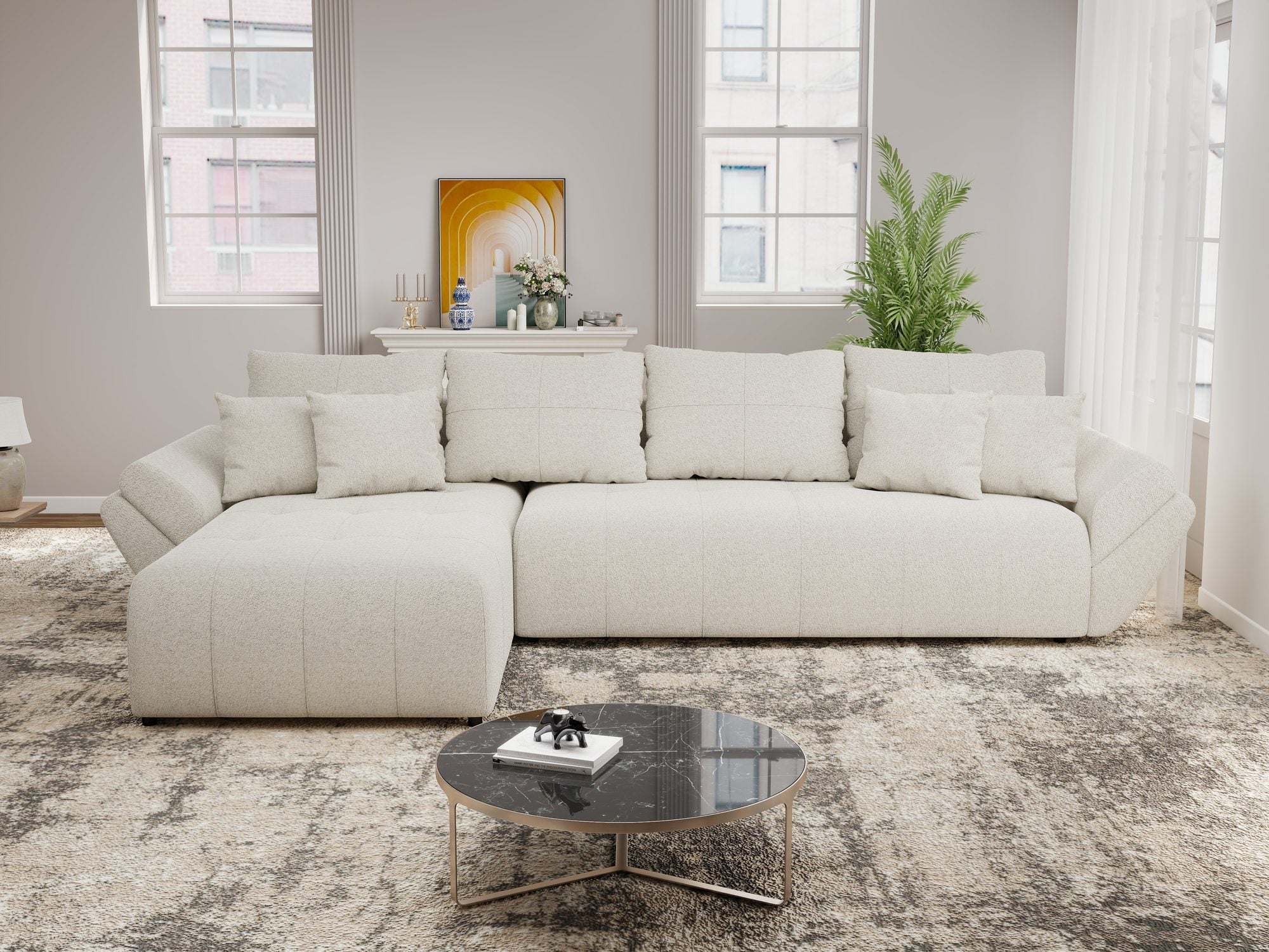 Colțar extensibil dumonde cu ladă de depozitare si sezut confortabil din spuma high-density, Berlin XL Monte Bej 03 350x185 cm