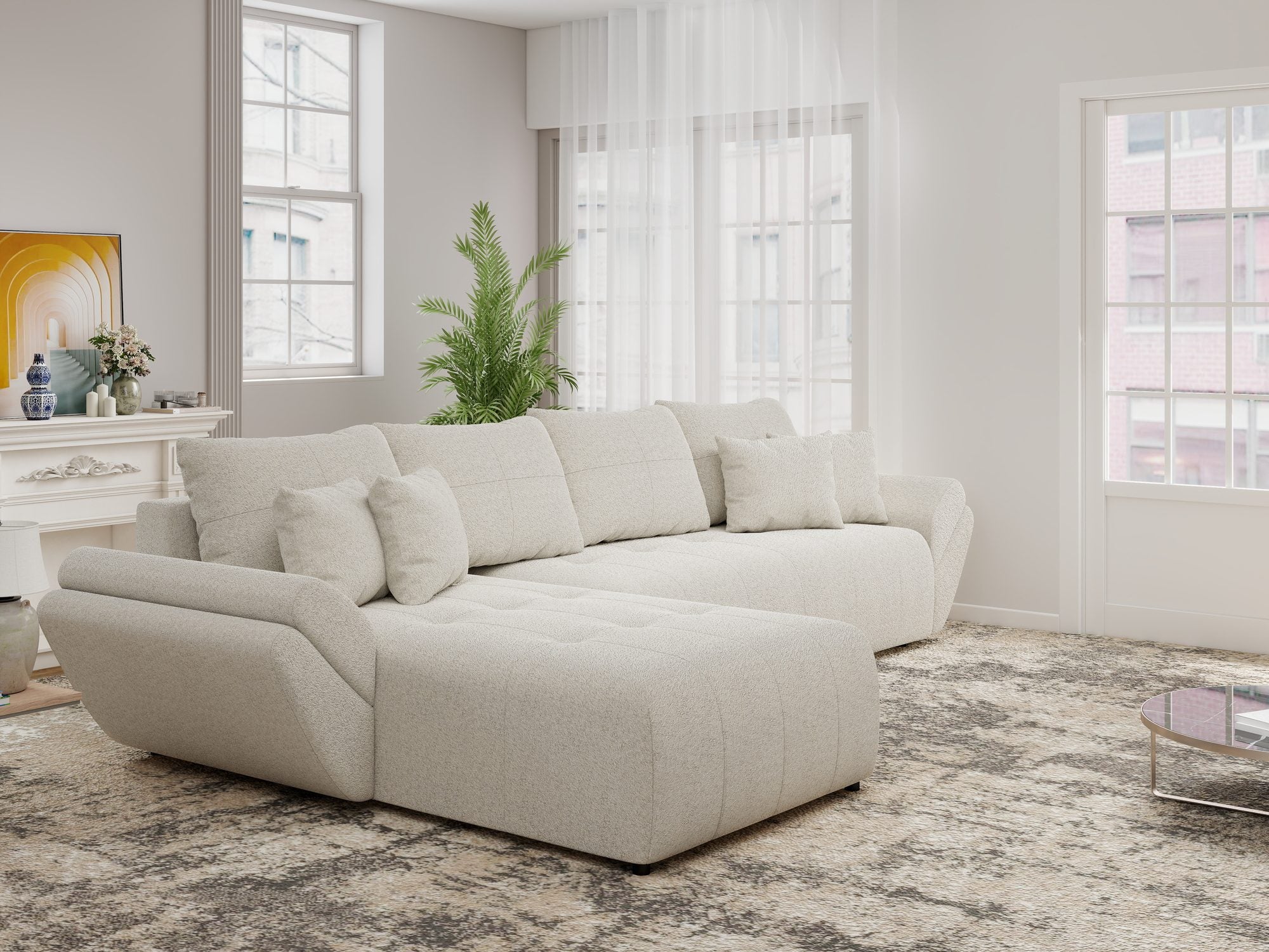 Colțar extensibil dumonde cu ladă de depozitare si sezut confortabil din spuma high-density, Berlin XL Monte Bej 03 350x185 cm