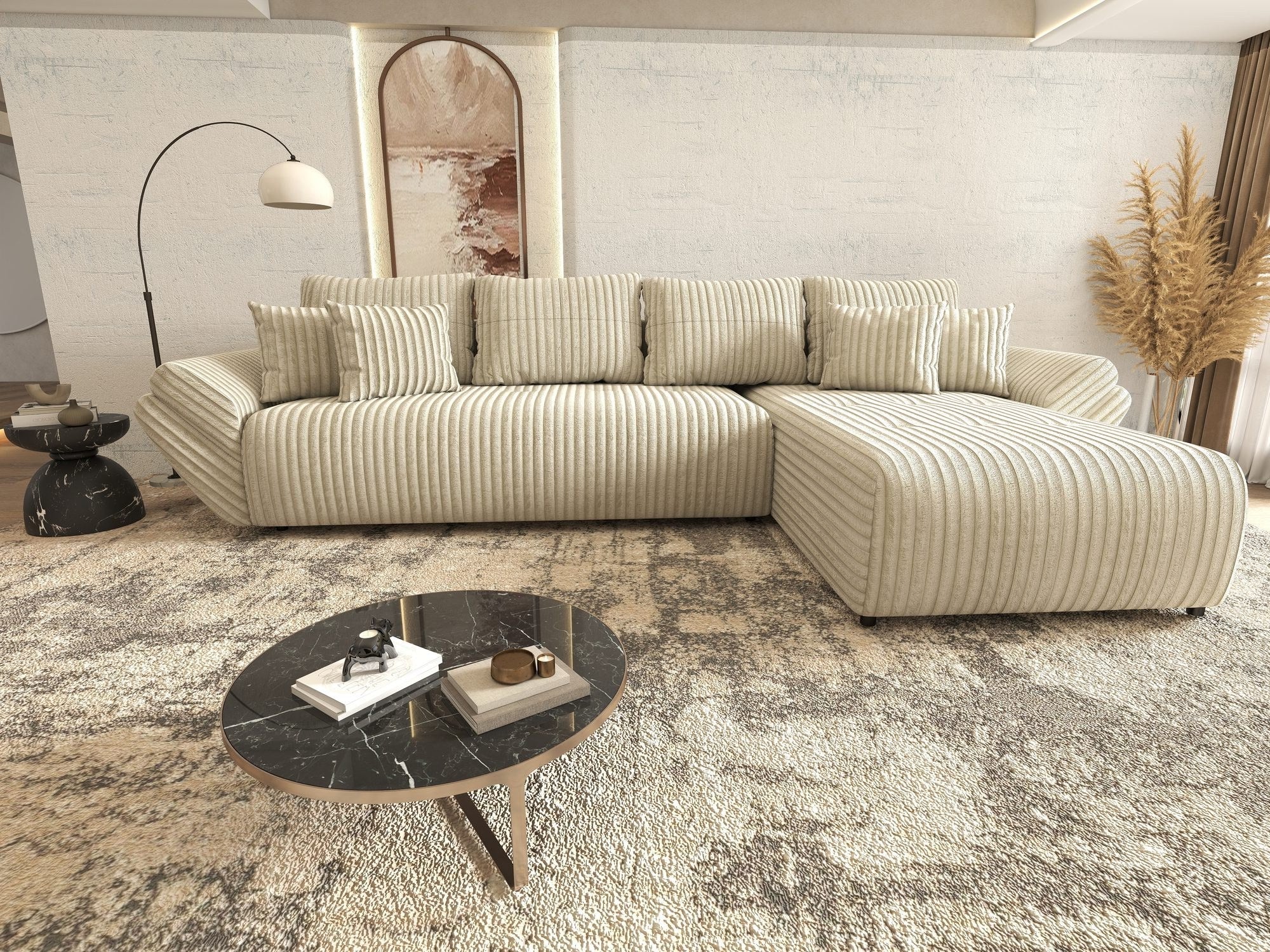 Colțar extensibil dumonde cu ladă de depozitare si sezut confortabil din spuma high-density, Berlin XL Tilia Bej 08 II 350x185 cm