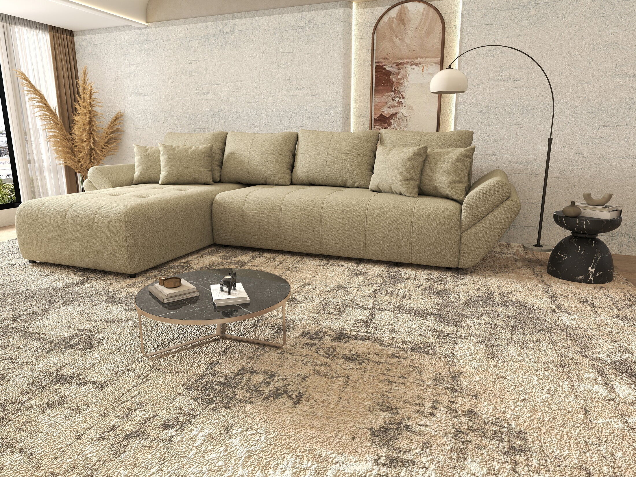 Colțar extensibil dumonde cu ladă de depozitare si sezut confortabil din spuma high-density, Berlin XL Enjoy Camel 350x185 cm