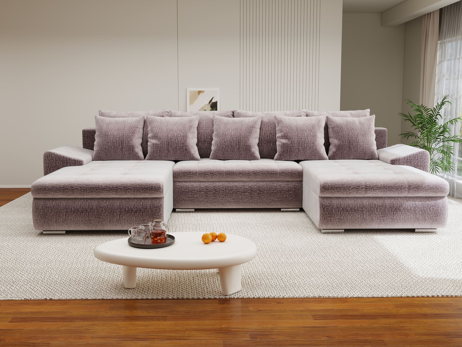 Colțar extensibil dumonde cu ladă de depozitare si sezut confortabil din spuma high-density, Leonardo U Monolith Roz Pudrat 62 360x185 cm