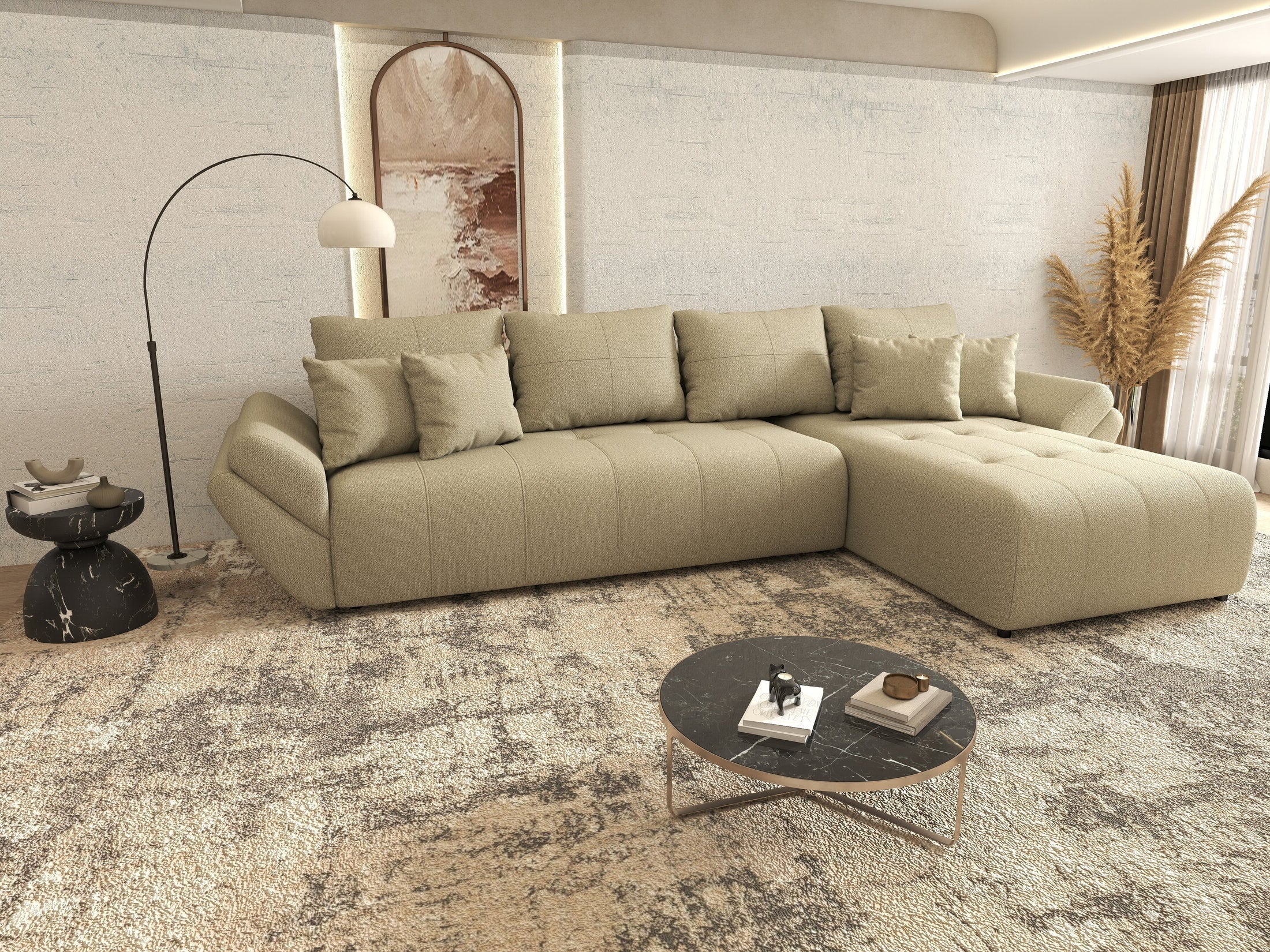 Colțar extensibil dumonde cu ladă de depozitare si sezut confortabil din spuma high-density, Berlin XL Enjoy Camel 350x185 cm II