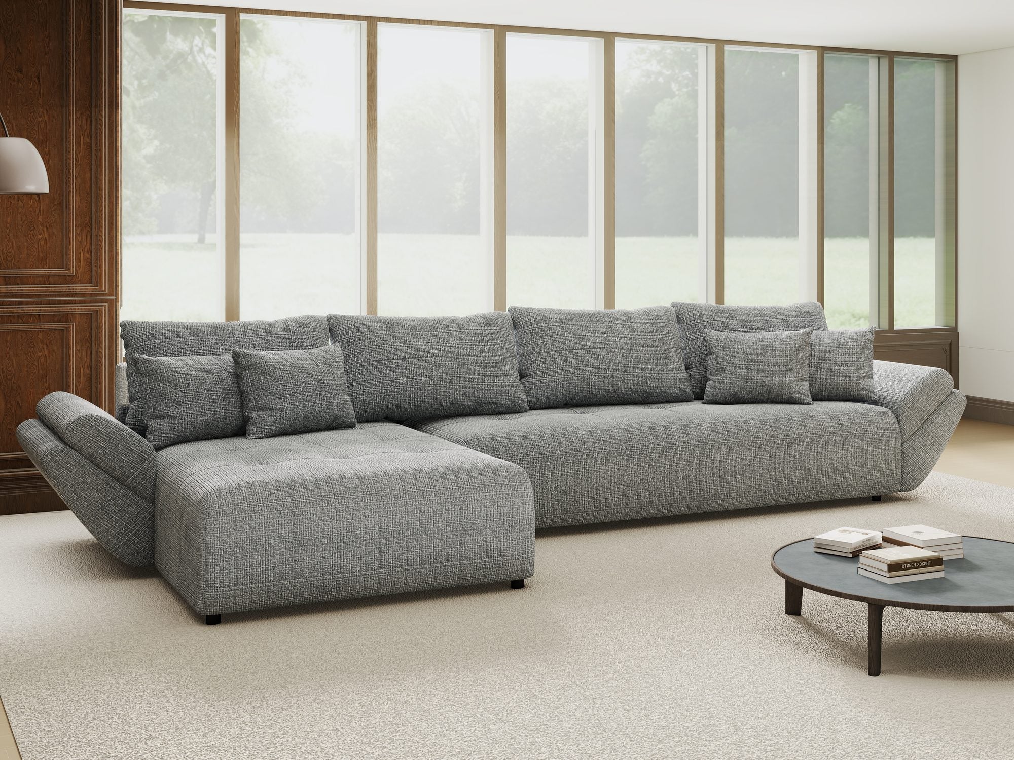 Colțar extensibil dumonde cu ladă de depozitare si sezut confortabil din spuma high-density, Berlin XL Cremona Gri 85 350x185 cm