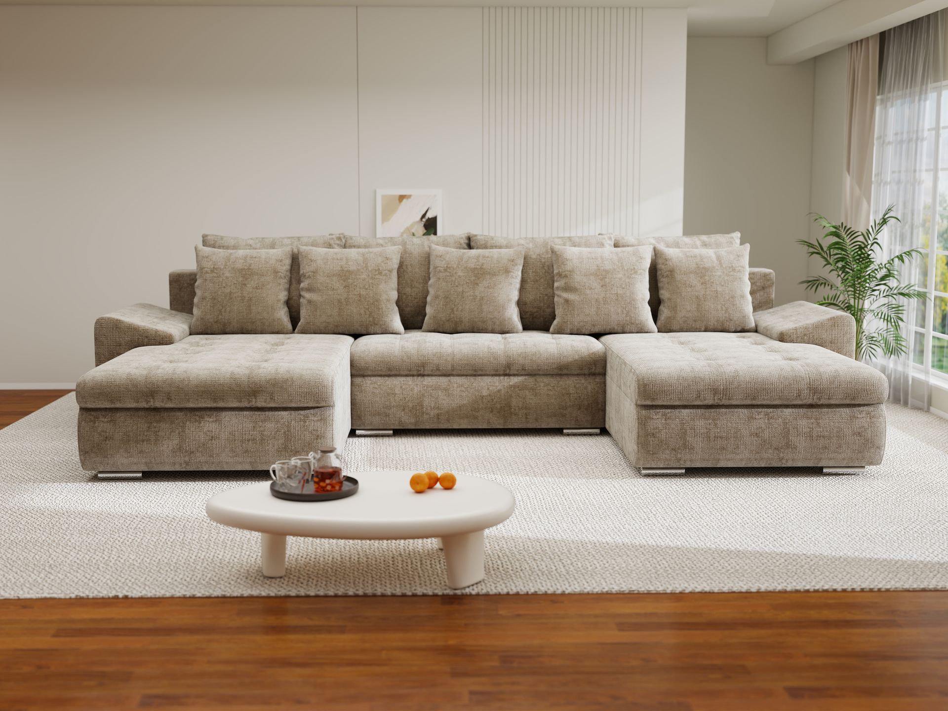 Colțar extensibil dumonde cu ladă de depozitare si sezut confortabil din spuma high-density, Leonardo U Cremona Bej 14 360x185 cm